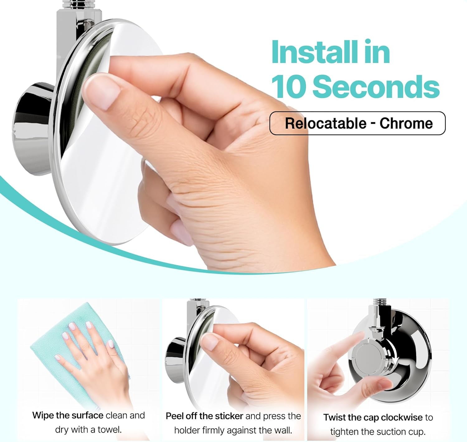 Shower Head Holder - Flexible Shower Head Holder Adjustable Vacuum Suction Cup Shower Head Wall Mount Holder for Hand Held Shower Head (Adhesive Sticker Provided) (Chrome)