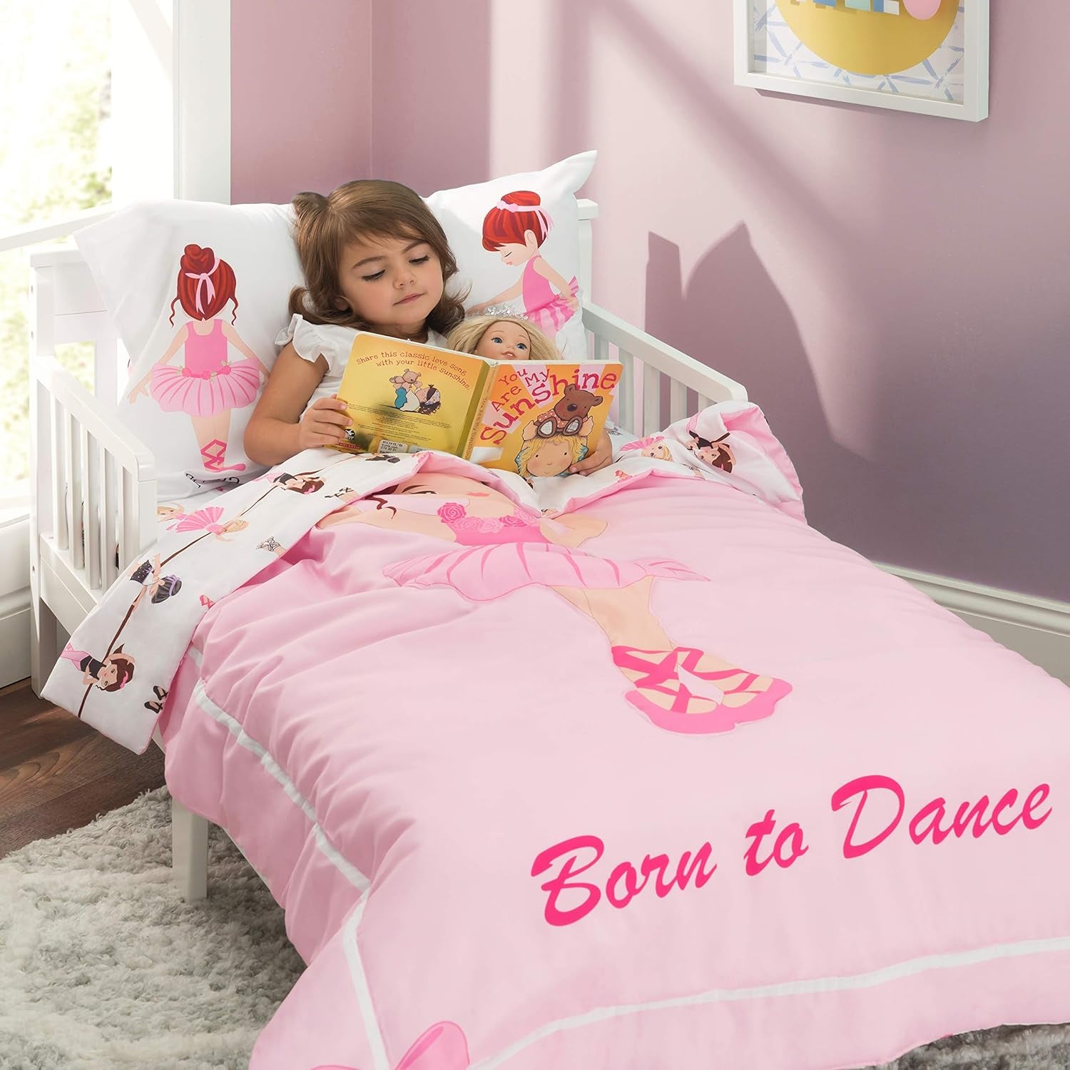 4 Piece Toddler Bedding Set -Born to Dance Ballerina- Includes Comforter, Flat Sheet, Fitted Sheet and Reversible Pillowcase