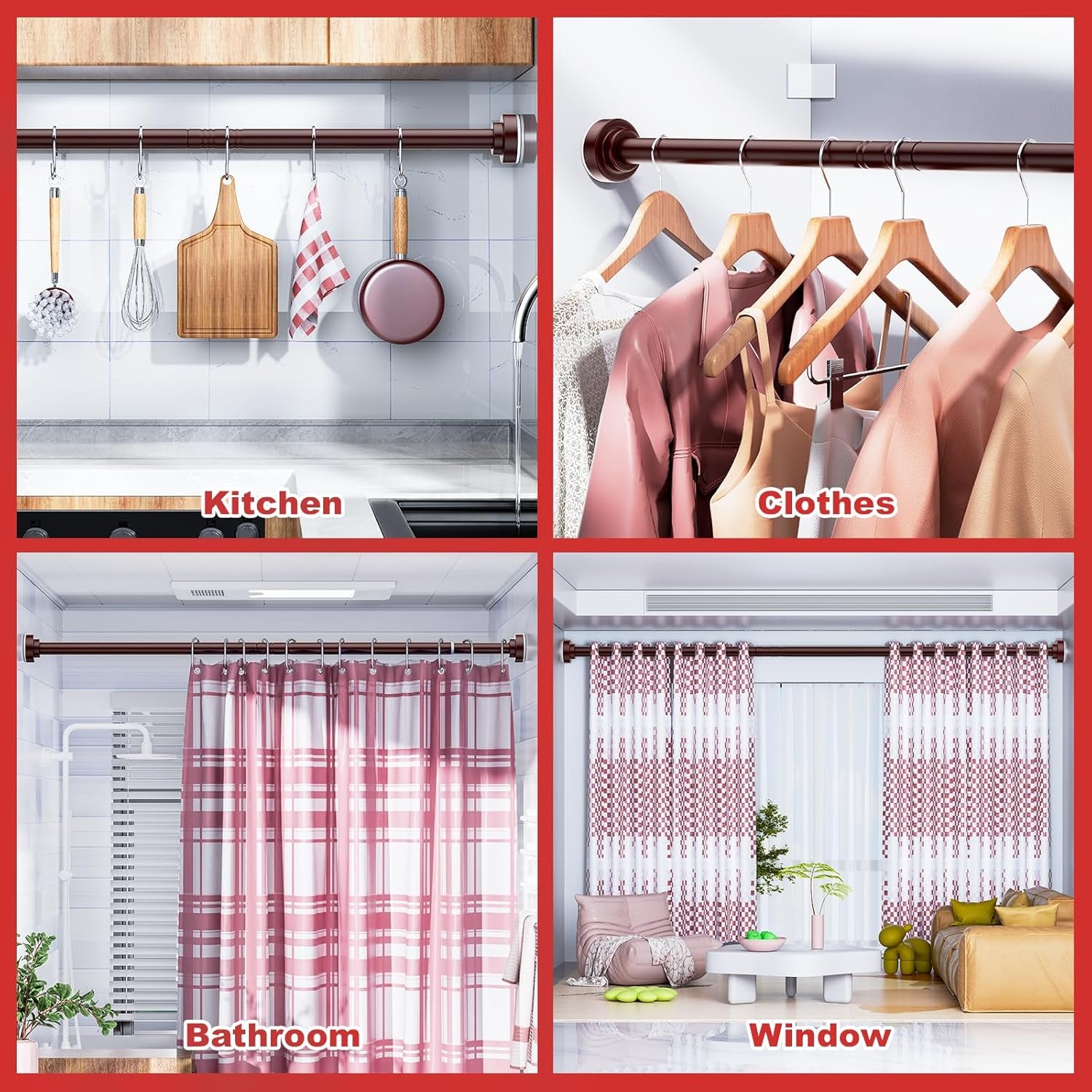 Shower Curtain Rod - 32-43 Inch Rustproof Tension Rod, Non-Slip Spring Design, No Drilling Adjustable Curtain Rod for Bathroom, Kitchen, and Closet（Brown）