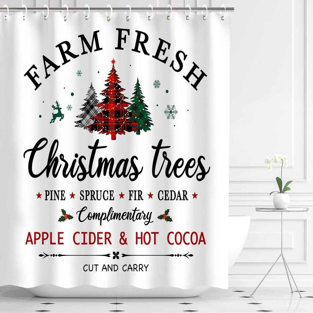 Christmas Shower Curtain, Xmas Shower Curtains, Pine Tree Shower Curtain Set, Waterproof Christmas Bathroom Decor, Merry Shower Curtain, Farm Christmas Tree, 72''W X 72''H