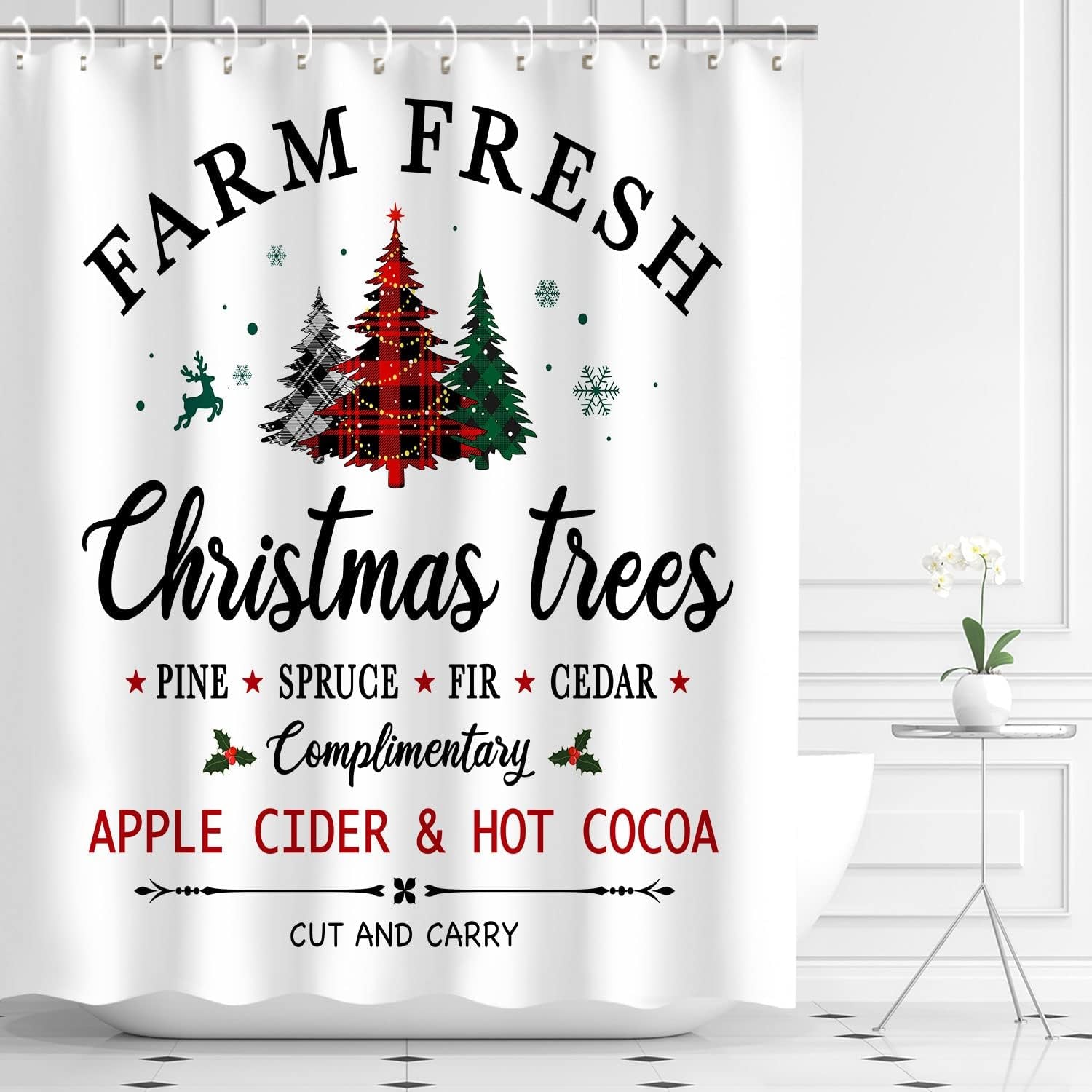 Christmas Shower Curtain, Xmas Shower Curtains, Pine Tree Shower Curtain Set, Waterproof Christmas Bathroom Decor, Merry Shower Curtain, Farm Christmas Tree, 72''W X 72''H