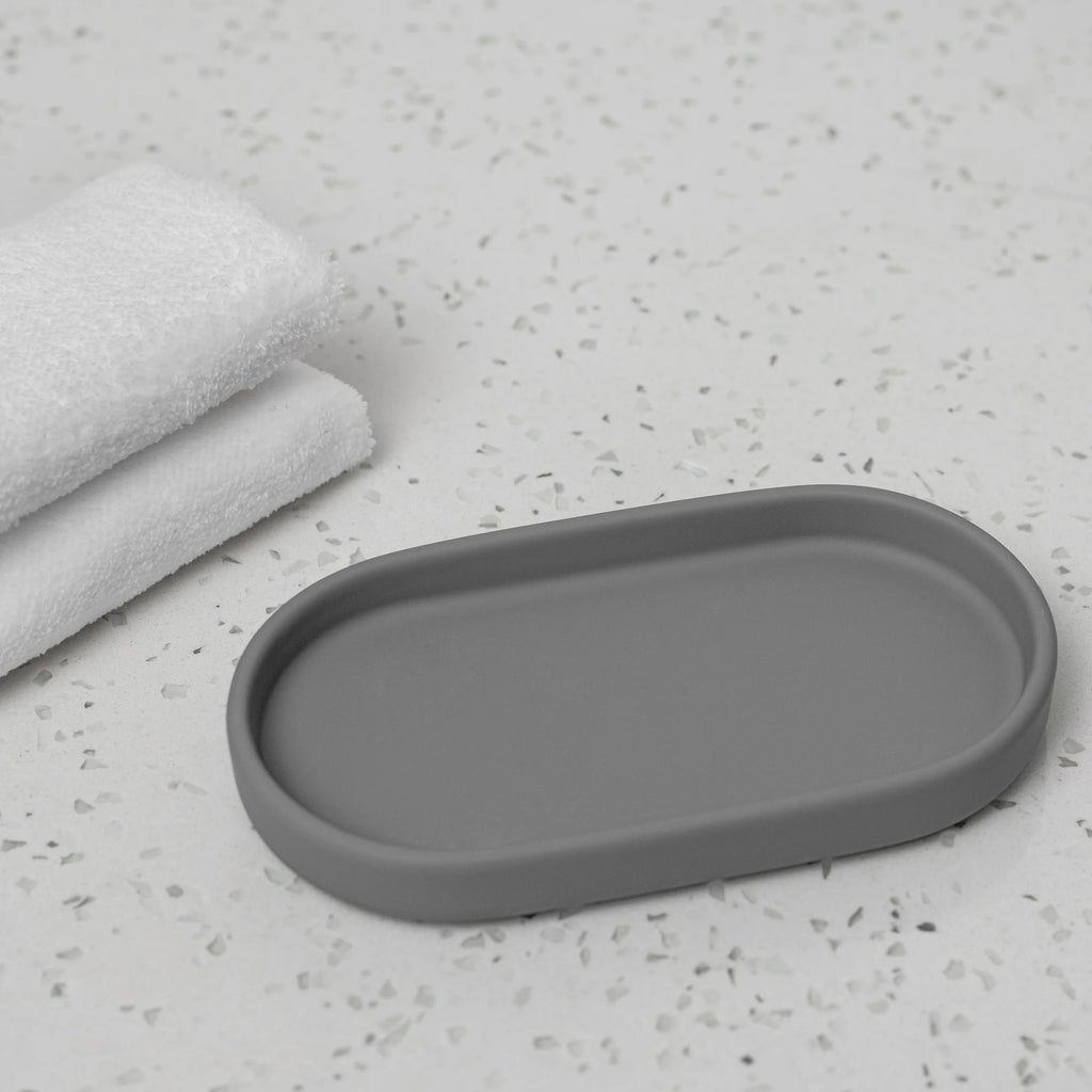 Ceramic Stoneware Bath Accessories 3-Piece Set, Grey – Soap Pump Dispenser, Tumbler, and Accessory Tray