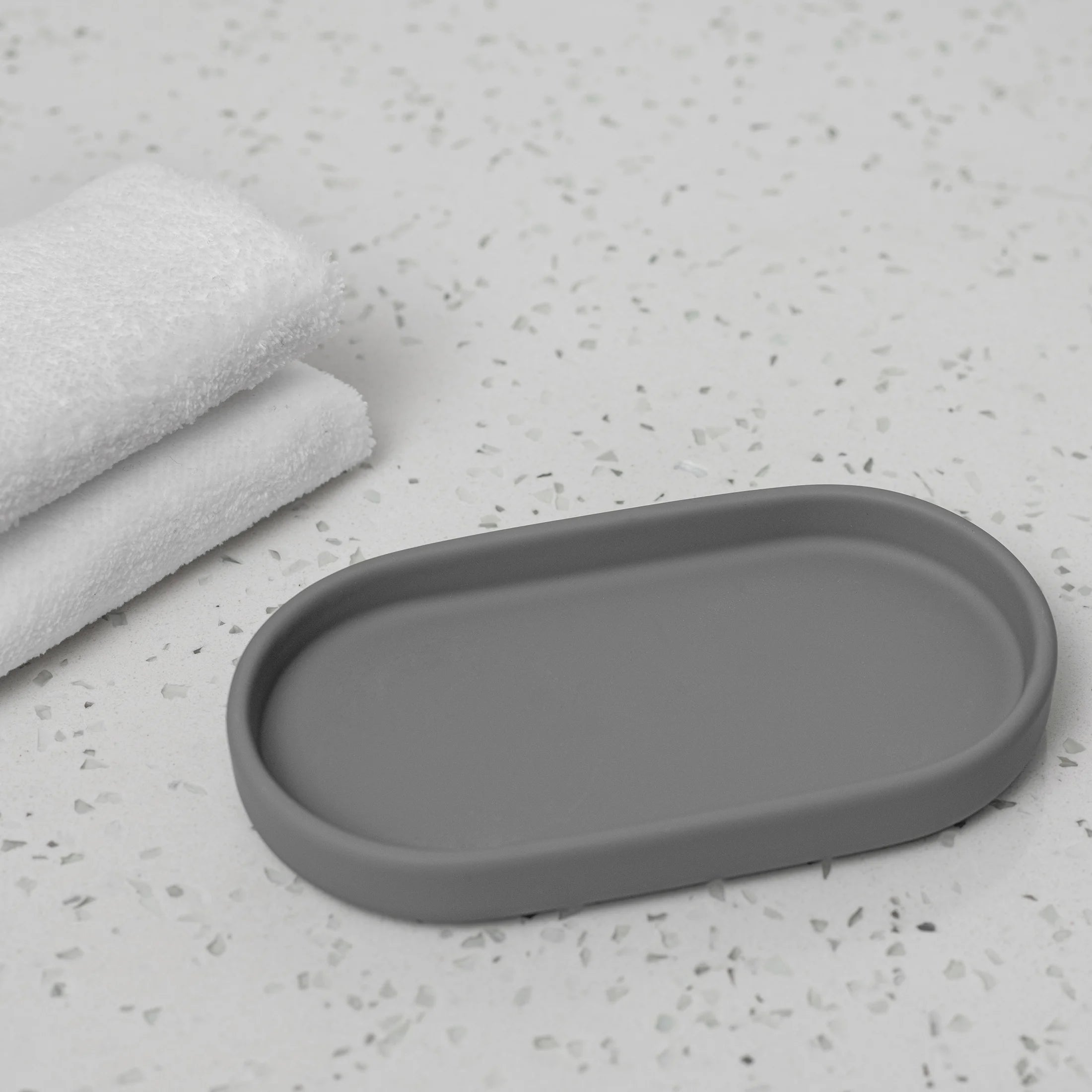 Ceramic Stoneware Bath Accessories 3-Piece Set, Grey – Soap Pump Dispenser, Tumbler, and Accessory Tray