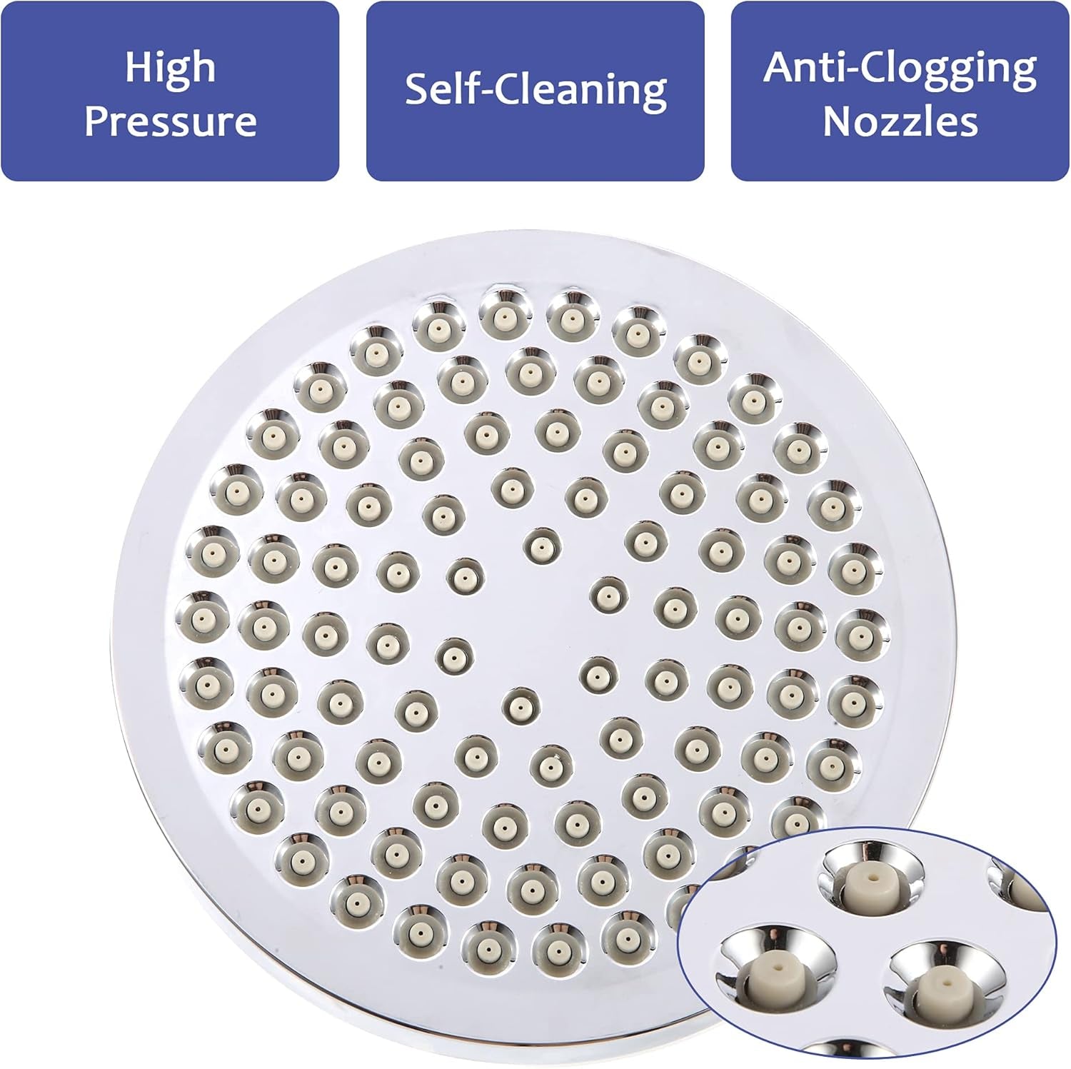 High Pressure Shower Head, 6Inch High Flow Rain Shower Head, Anti-Clogging Silicone Nozzles, High Flow Rainfall Shower Head