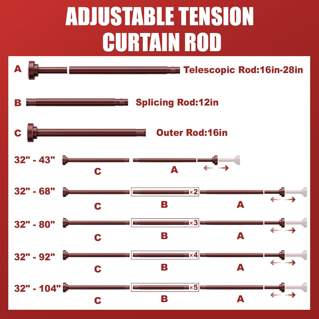 Shower Curtain Rod - 32-43 Inch Rustproof Tension Rod, Non-Slip Spring Design, No Drilling Adjustable Curtain Rod for Bathroom, Kitchen, and Closet（Brown）
