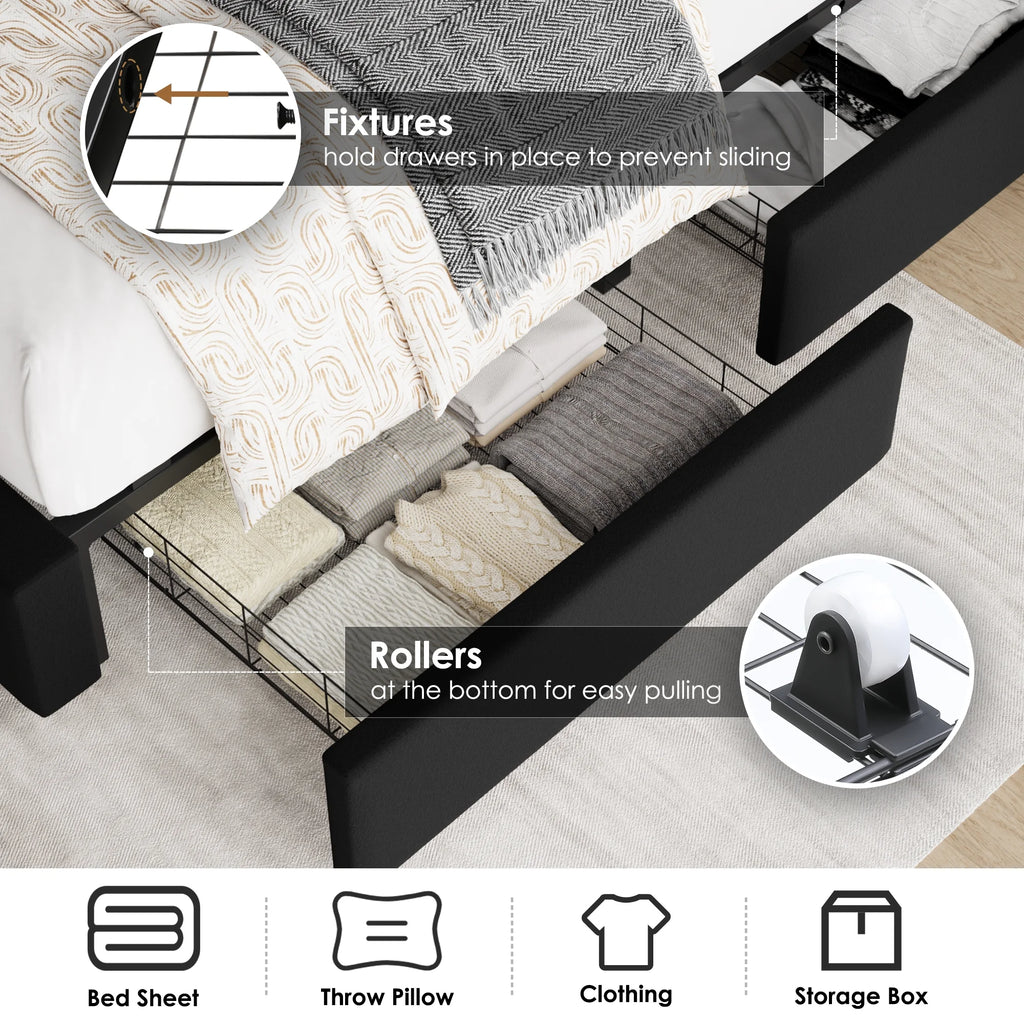 54.7" Tall Headboard Bed Frame, Queen Size Storage Bed with Tall Headboard, Tall Upholstered Bed with Footboard and Drawers, Black