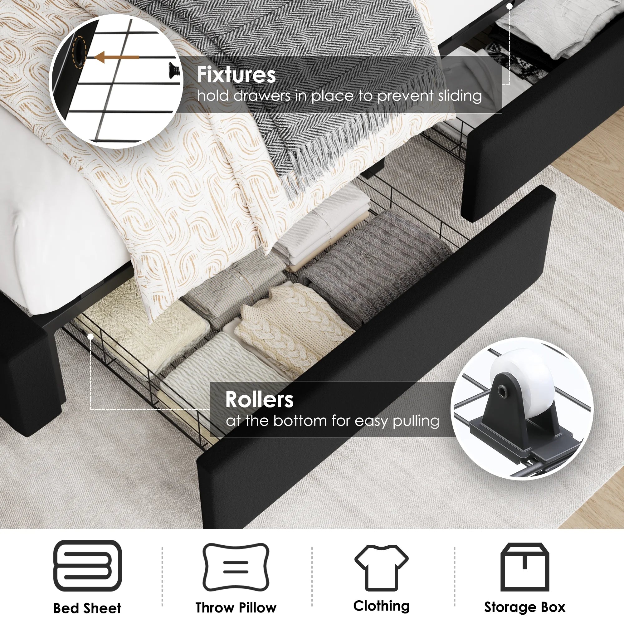 54.7" Tall Headboard Bed Frame, Queen Size Storage Bed with Tall Headboard, Tall Upholstered Bed with Footboard and Drawers, Black