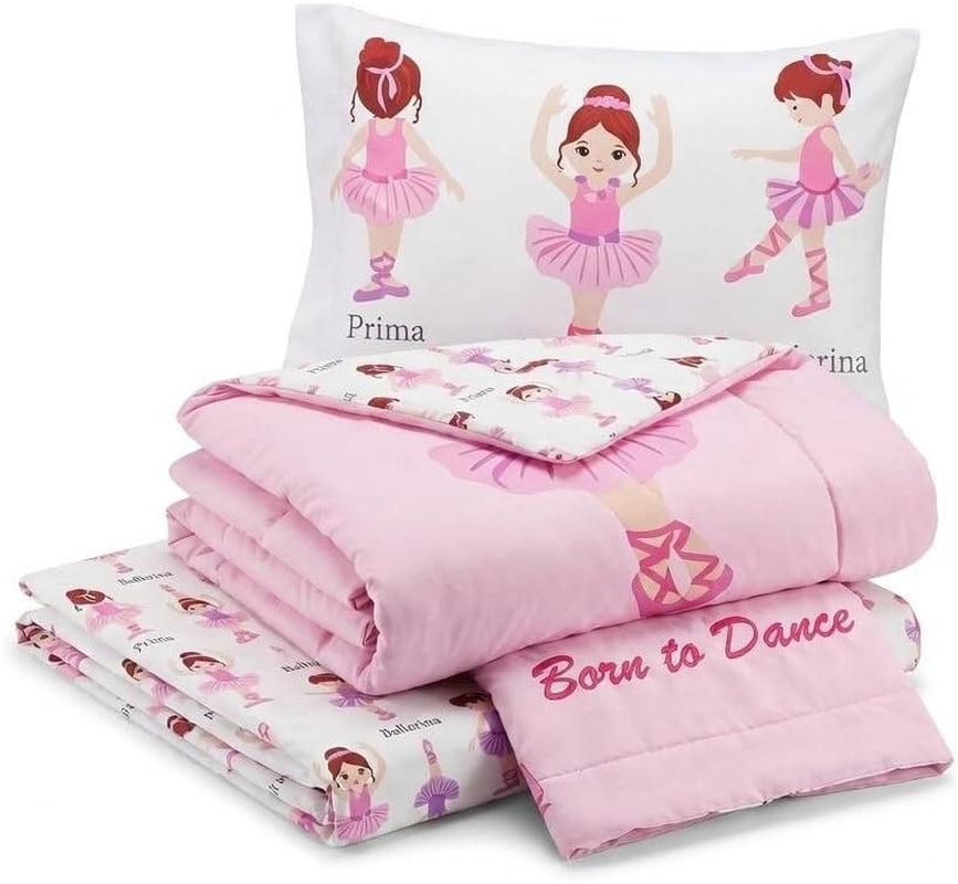 4 Piece Toddler Bedding Set -Born to Dance Ballerina- Includes Comforter, Flat Sheet, Fitted Sheet and Reversible Pillowcase