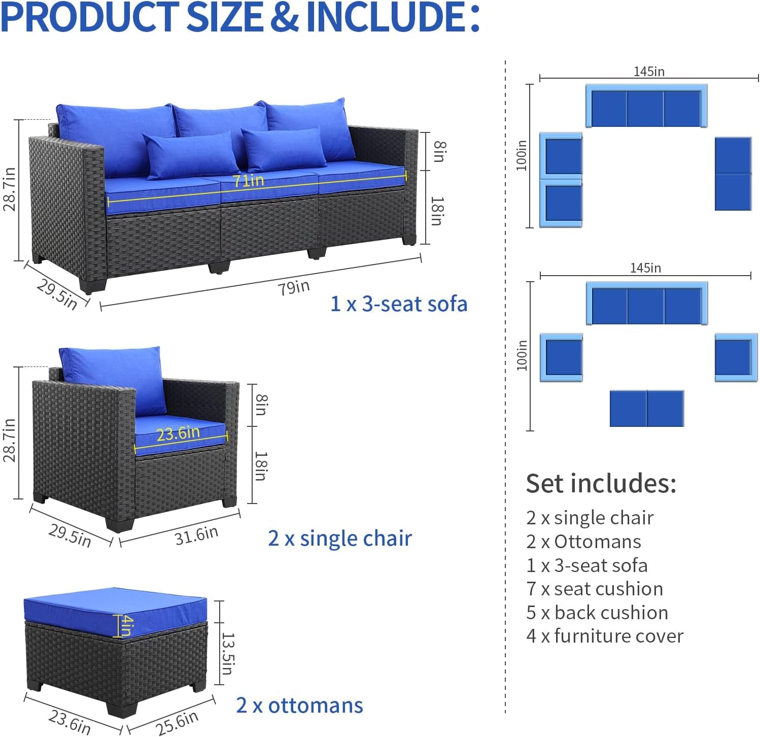 Outdoor Wicker Furniture Couch Set 5 Pieces Patio Furniture Sectional Sofa with Royal Blue Cushions and Waterproof Covers