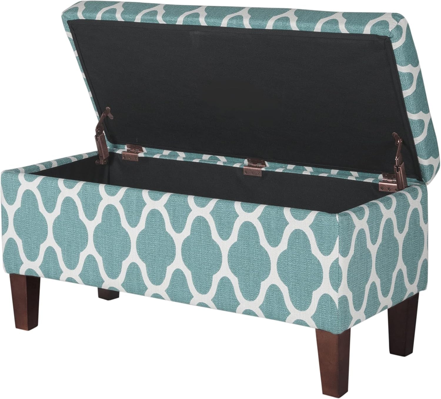 Large Upholstered Rectangular Storage Ottoman Bench with Hinged Lid, Teal Blue Geometric