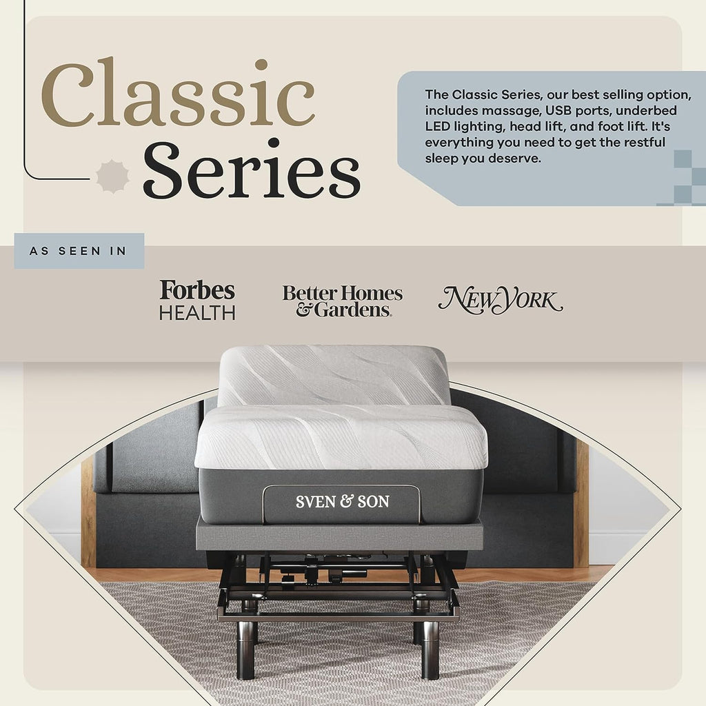 Classic Adjustable Bed Base, Head and Foot Lift, Massage, Under-Bed Lights, USB, Gel Memory, Zero Gravity Smart Frame - Twin XL + 14 Inch Hybrid Spring Matt (Medium Soft)