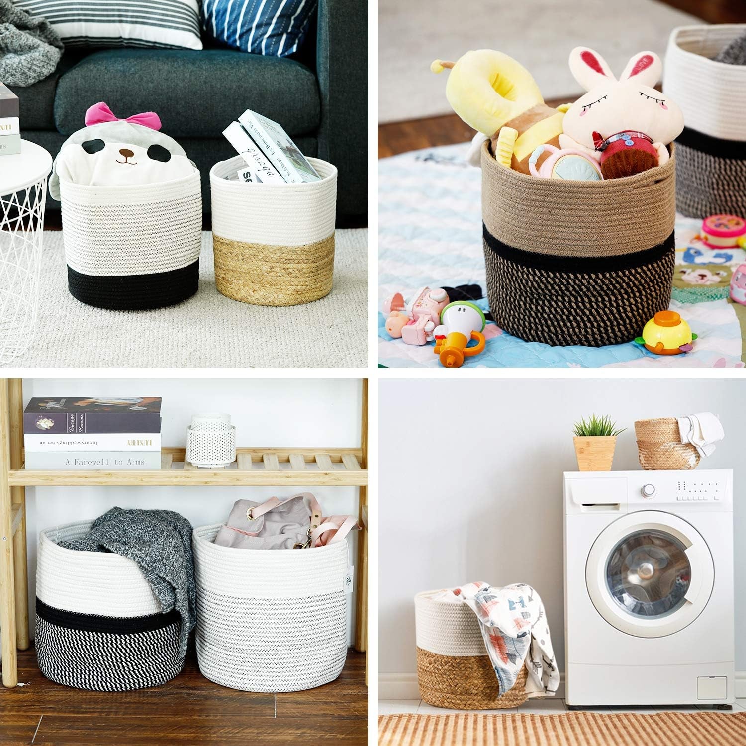 12"X12" Storage Basket Bin Organizer, Sturdy Indoor Floor Planter with Handle, Woven Baskets for up to 11" Flower Pot Plant, Flower, White Black Stripes