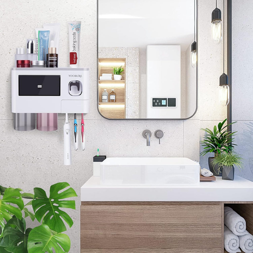 Toothbrush Holders Wall Mounted,  Automatic Toothpaste Dispenser Set for Bathrooms, Multifunctional Bathroom Organizer Holder with Cosmetic Drawer, 2 Magnetic Cups and 6 Toothbrush Slots