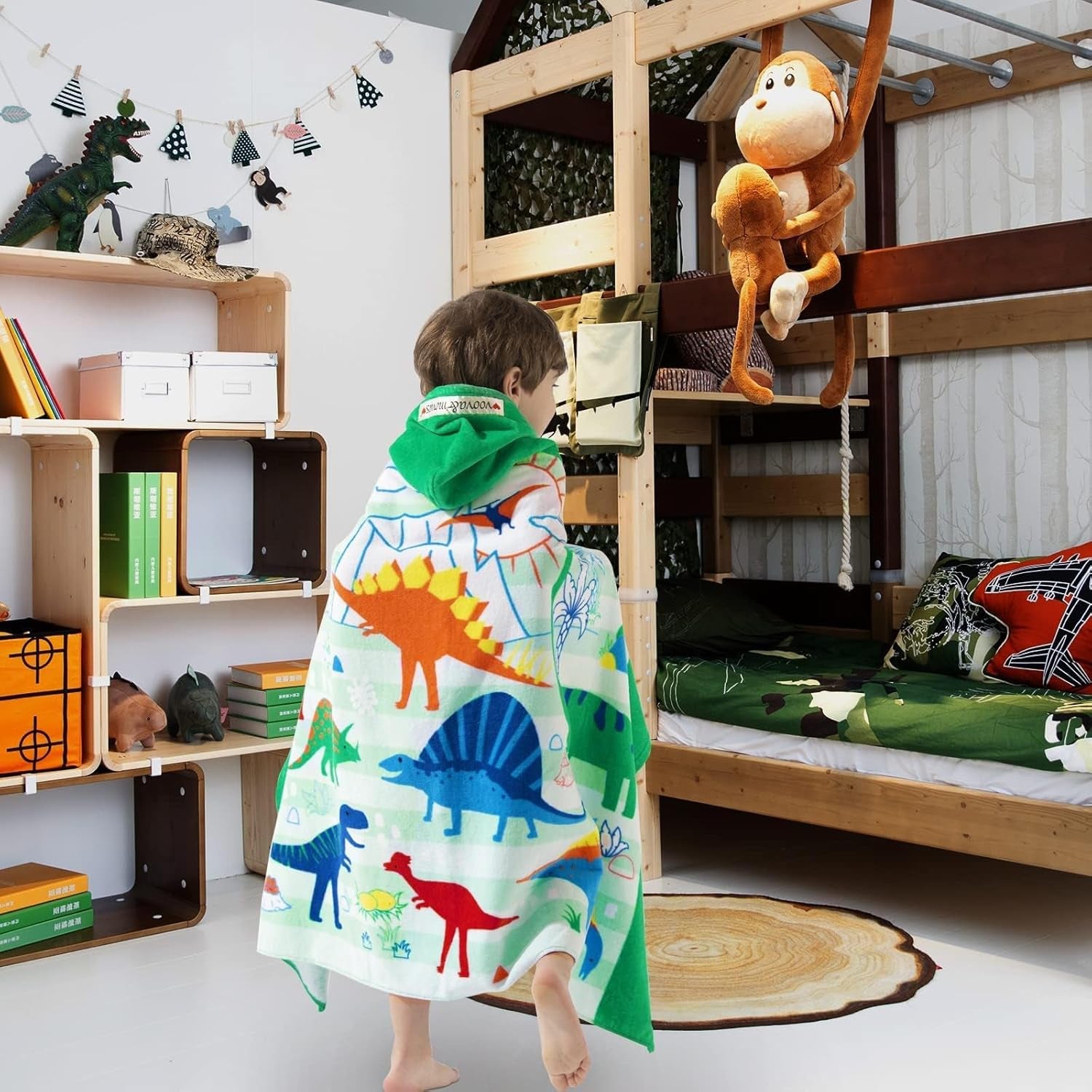 Dinosaur Hooded Beach Towel for Kids Age 3-8, Large 30"X50" 100% Cotton Ultra Absorbent Wearable Wrap, Bath Towel for Beach Pool Swim, Birthday Gift for Kids