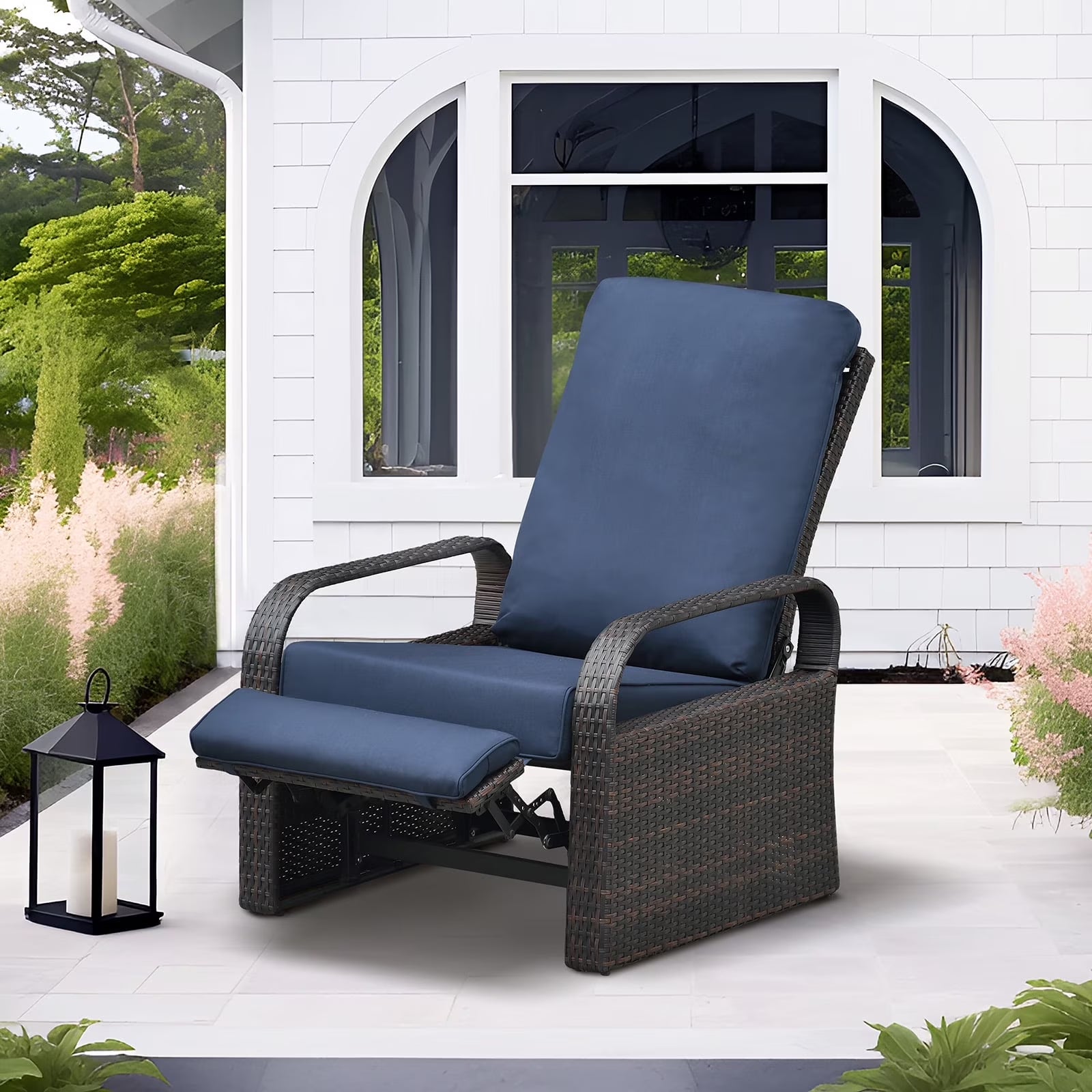 Wicker Outdoor Patio Adjustable Recliner Chair with Navy Blue Cushion