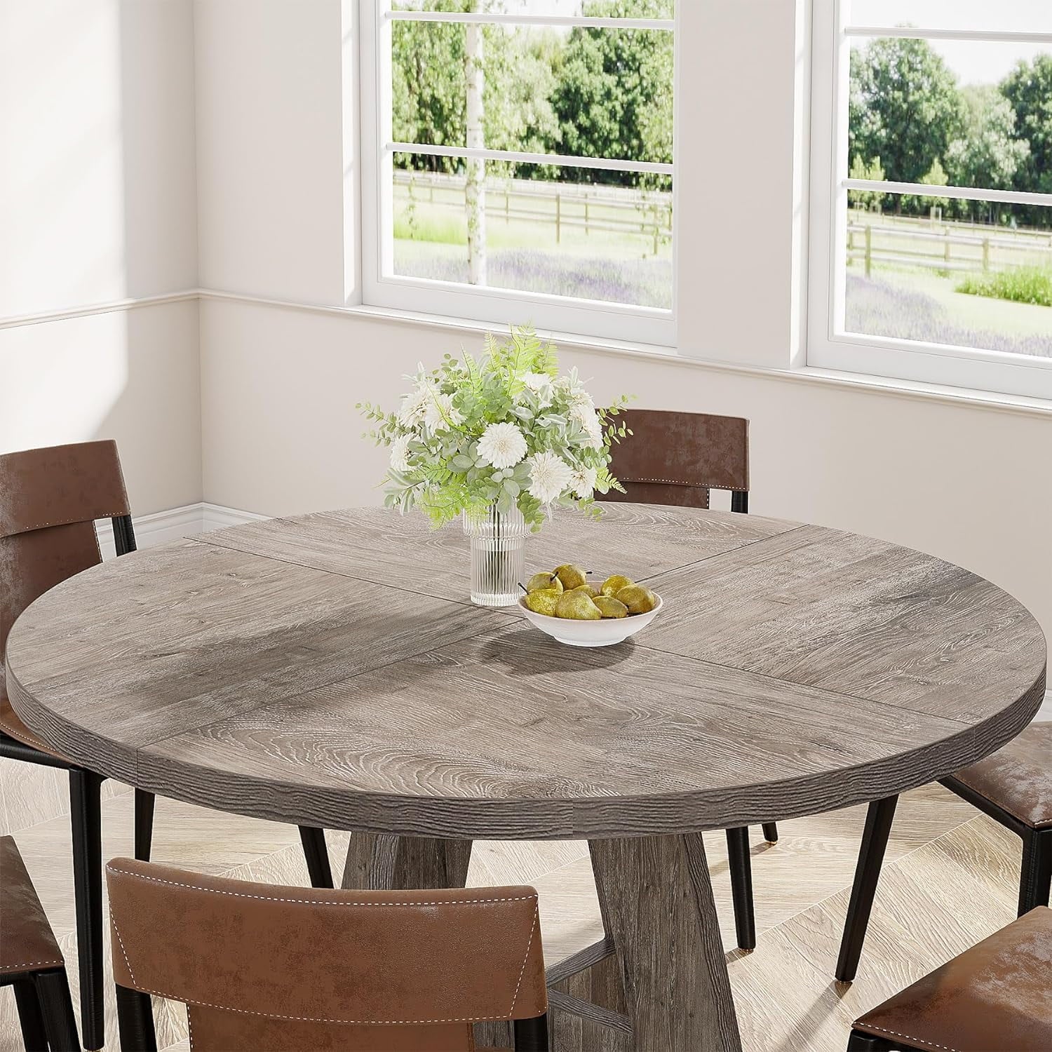 Tribesigns round Dining Table for 4, Grey Kitchen Table 47 Inch Farmhouse Wood Kitchen Dinning Table for Kitchen Living Room