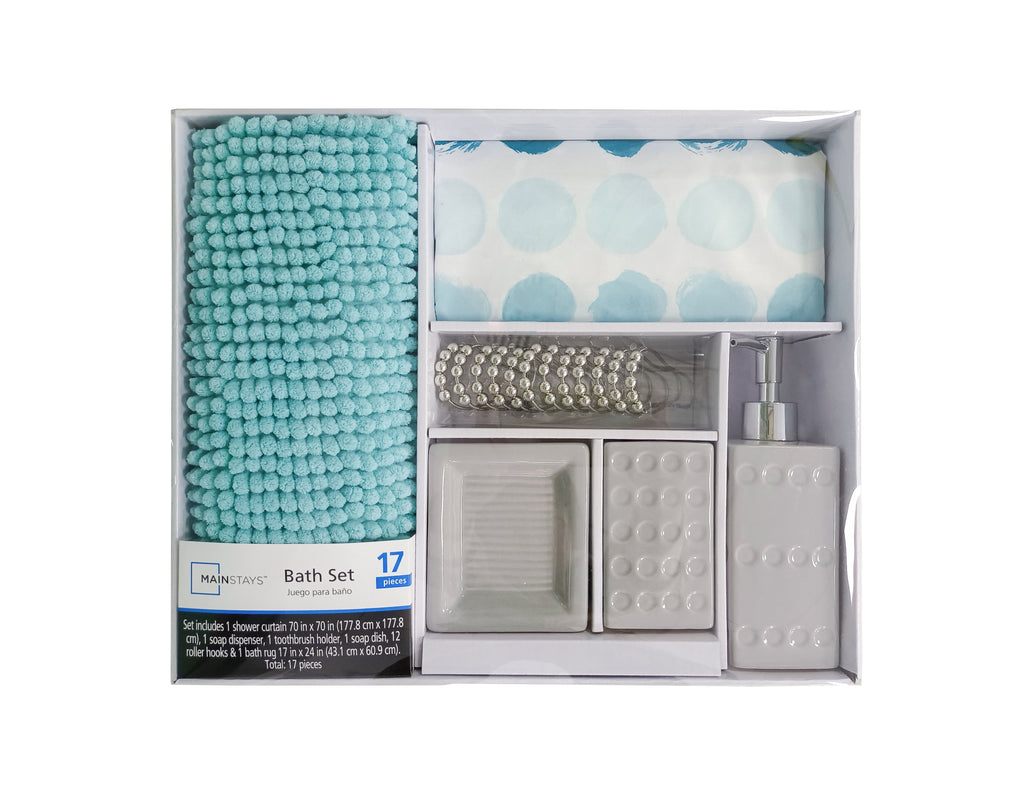 17-Piece Polka Dot Polyester/Ceramic Shower Curtain & Bathroom Accessory Set, Multi-Color