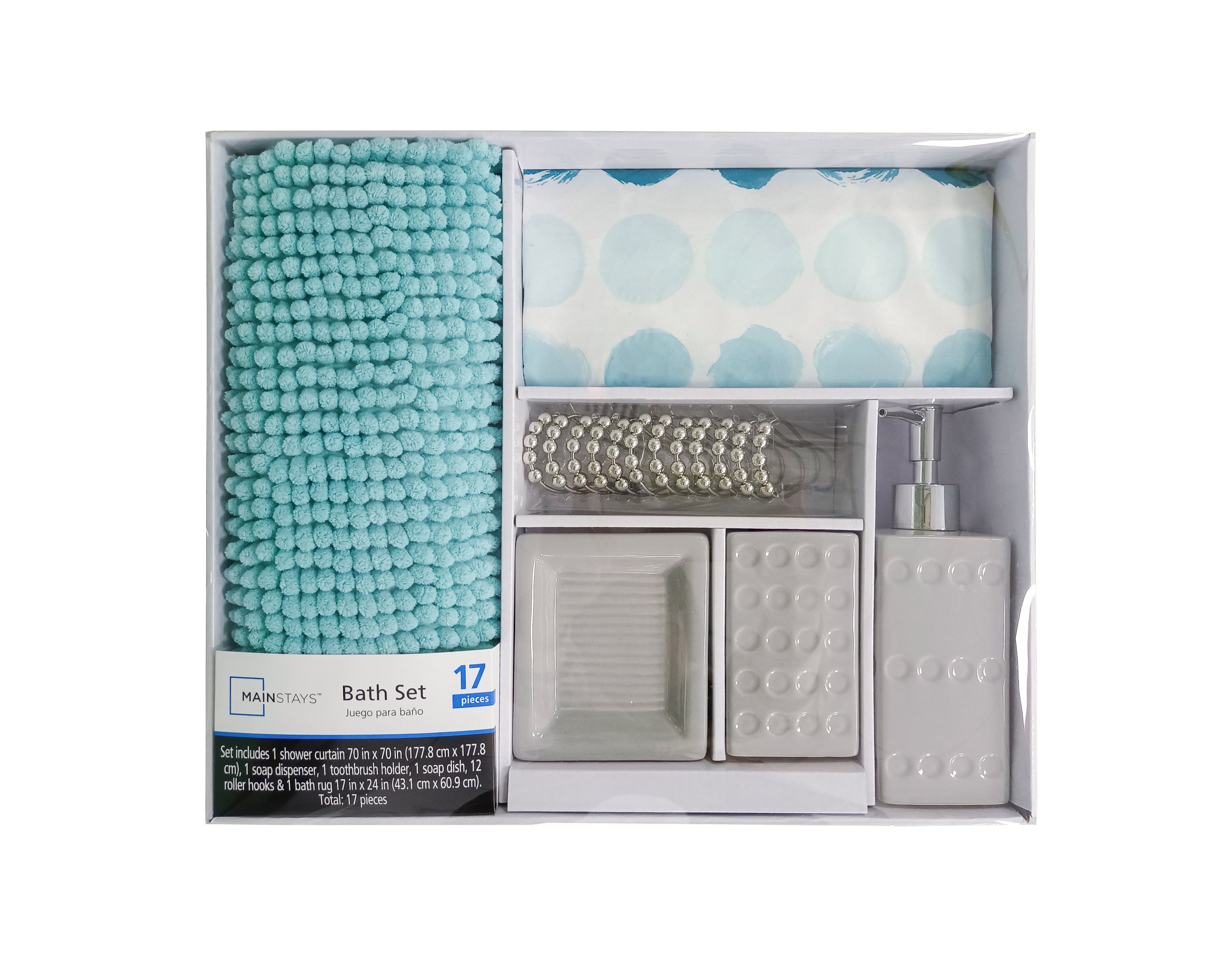 17-Piece Polka Dot Polyester/Ceramic Shower Curtain & Bathroom Accessory Set, Multi-Color