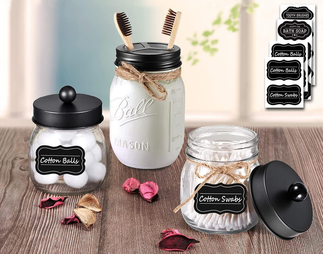 Mason Jar Bathroom Accessories Lids Set(4Pcs) - Jars Not Included - Soap Dispenser,Toothbrush Holder, Apothecary Jars Lids for Regular Mouth Mason Jars - Rustproof Stainless Steel，Black