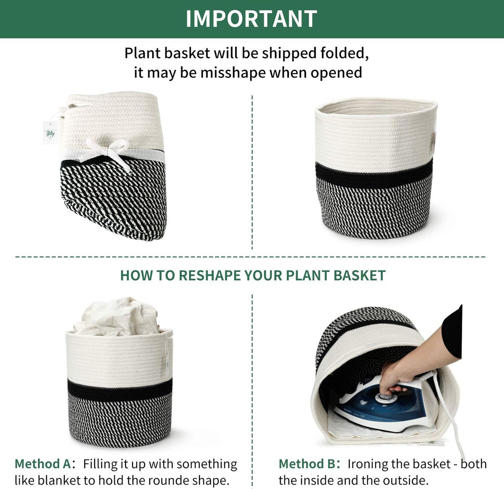 12"X12" Storage Basket Bin Organizer, Sturdy Indoor Floor Planter with Handle, Woven Baskets for up to 11" Flower Pot Plant, Flower, White Black Stripes