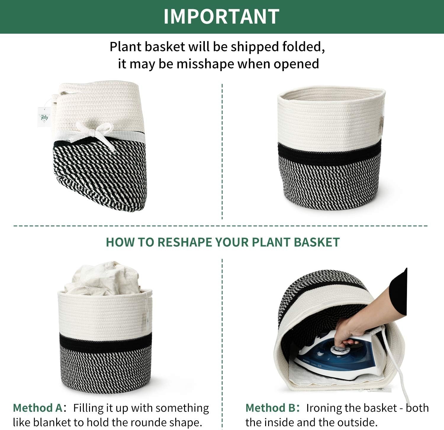 12"X12" Storage Basket Bin Organizer, Sturdy Indoor Floor Planter with Handle, Woven Baskets for up to 11" Flower Pot Plant, Flower, White Black Stripes