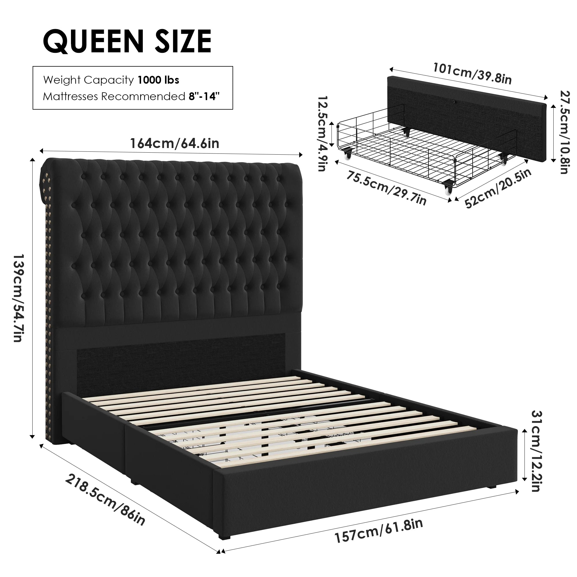 54.7" Tall Headboard Bed Frame, Queen Size Storage Bed with Tall Headboard, Tall Upholstered Bed with Footboard and Drawers, Black
