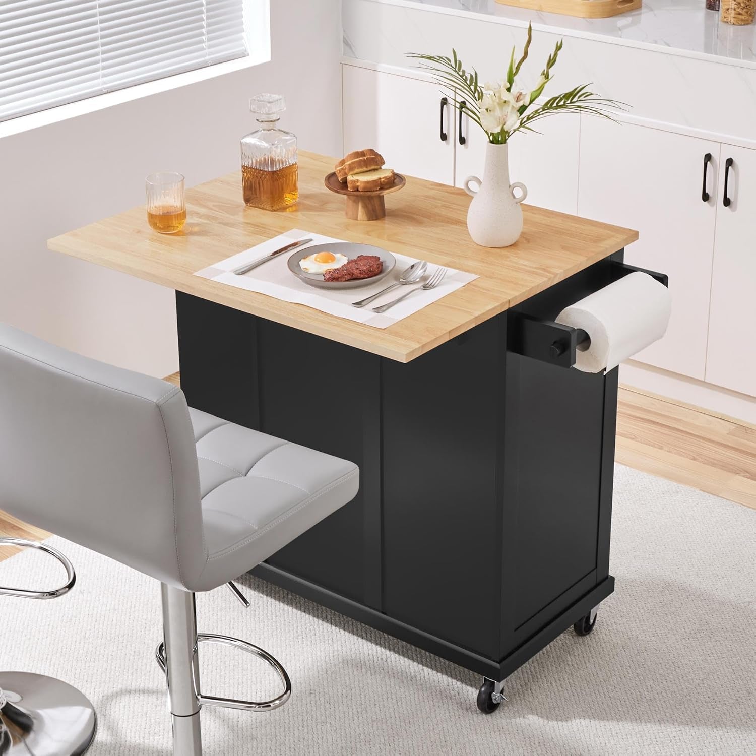 Rolling Kitchen Island Cart with Drop Leaf, Portable Rubberwood Breakfast Bar with Storage Cabinet, Open Shelves & Detachable Towel, 2 Drawers, Black