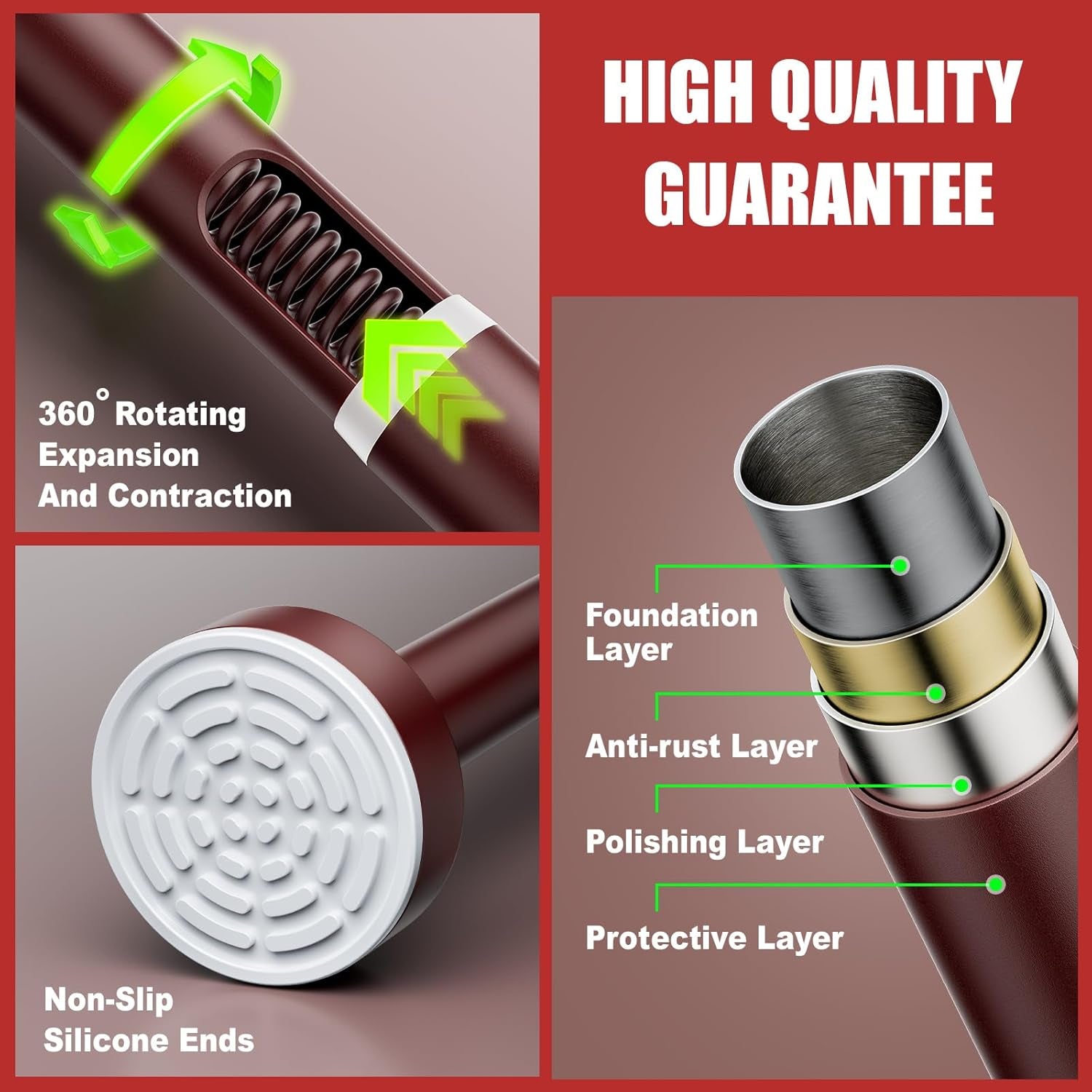 Shower Curtain Rod - 32-43 Inch Rustproof Tension Rod, Non-Slip Spring Design, No Drilling Adjustable Curtain Rod for Bathroom, Kitchen, and Closet（Brown）