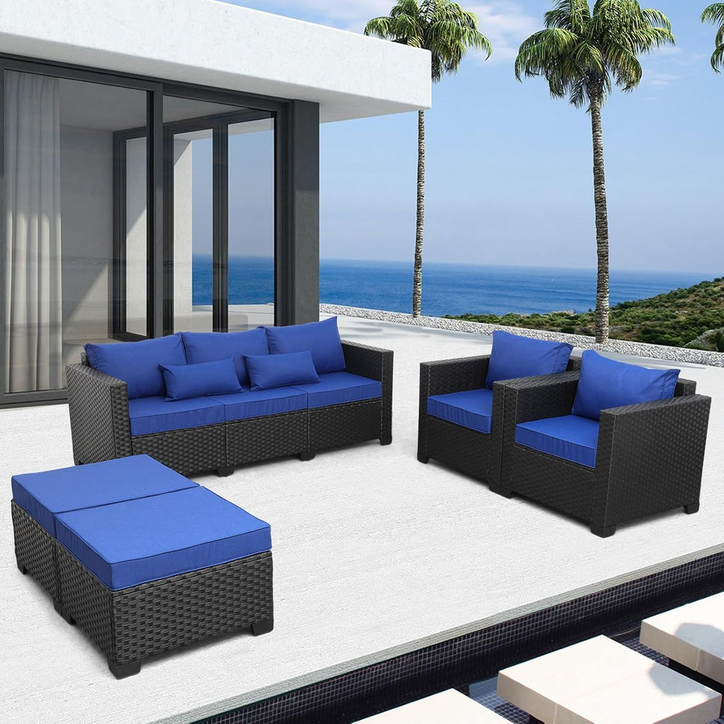 Outdoor Wicker Furniture Couch Set 5 Pieces Patio Furniture Sectional Sofa with Royal Blue Cushions and Waterproof Covers