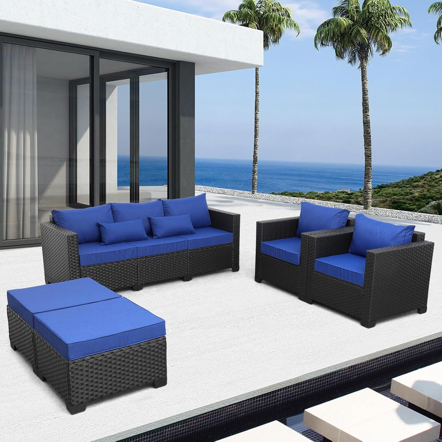 Outdoor Wicker Furniture Couch Set 5 Pieces Patio Furniture Sectional Sofa with Royal Blue Cushions and Waterproof Covers