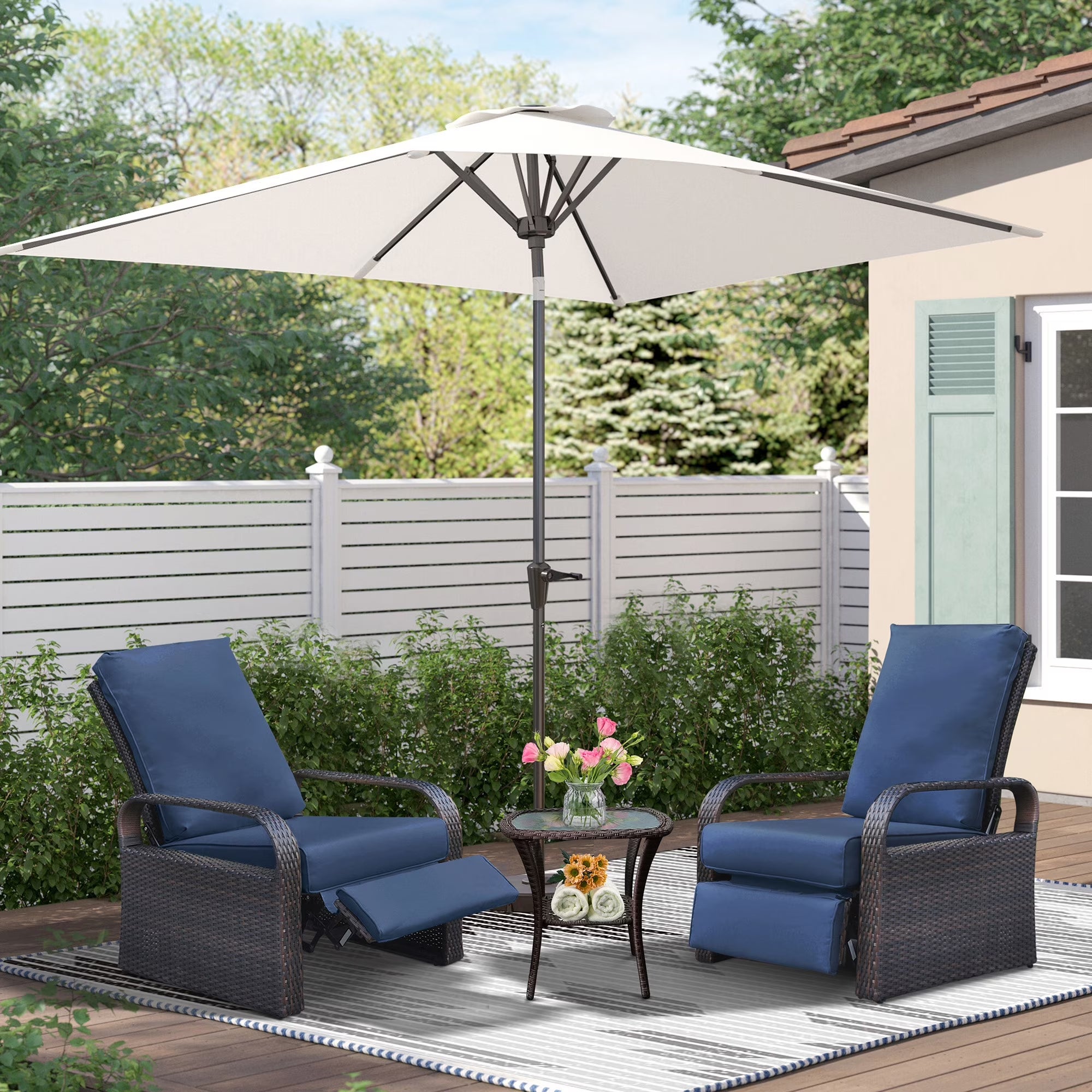 Wicker Outdoor Patio Adjustable Recliner Chair with Navy Blue Cushion