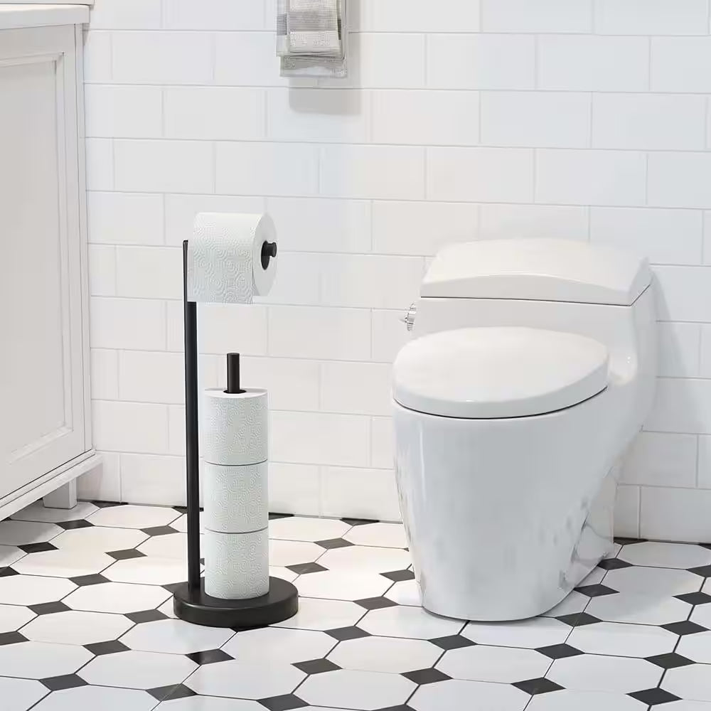 Bathroom Freestanding Toilet Paper Holder Stand with Reserver in Matte Black