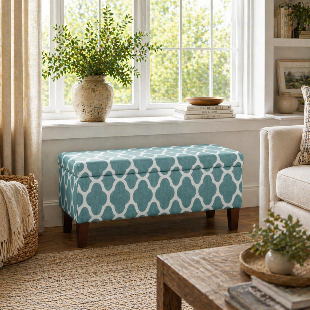Large Upholstered Rectangular Storage Ottoman Bench with Hinged Lid, Teal Blue Geometric
