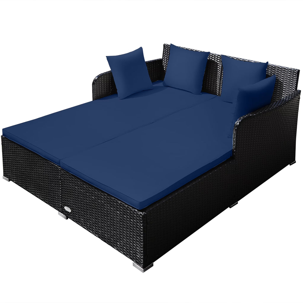 Outdoor Patio Rattan Daybed Pillows Cushioned Sofa Furniture Navy