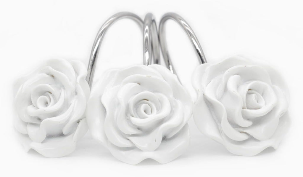 Shower Curtain Hooks, Home Decorative Rustproof Shower Curtain Hooks Resin Rose Flower Shower Hooks Rings for Bathroom Shower Rods Curtains,Set of 12 Hooks (White)