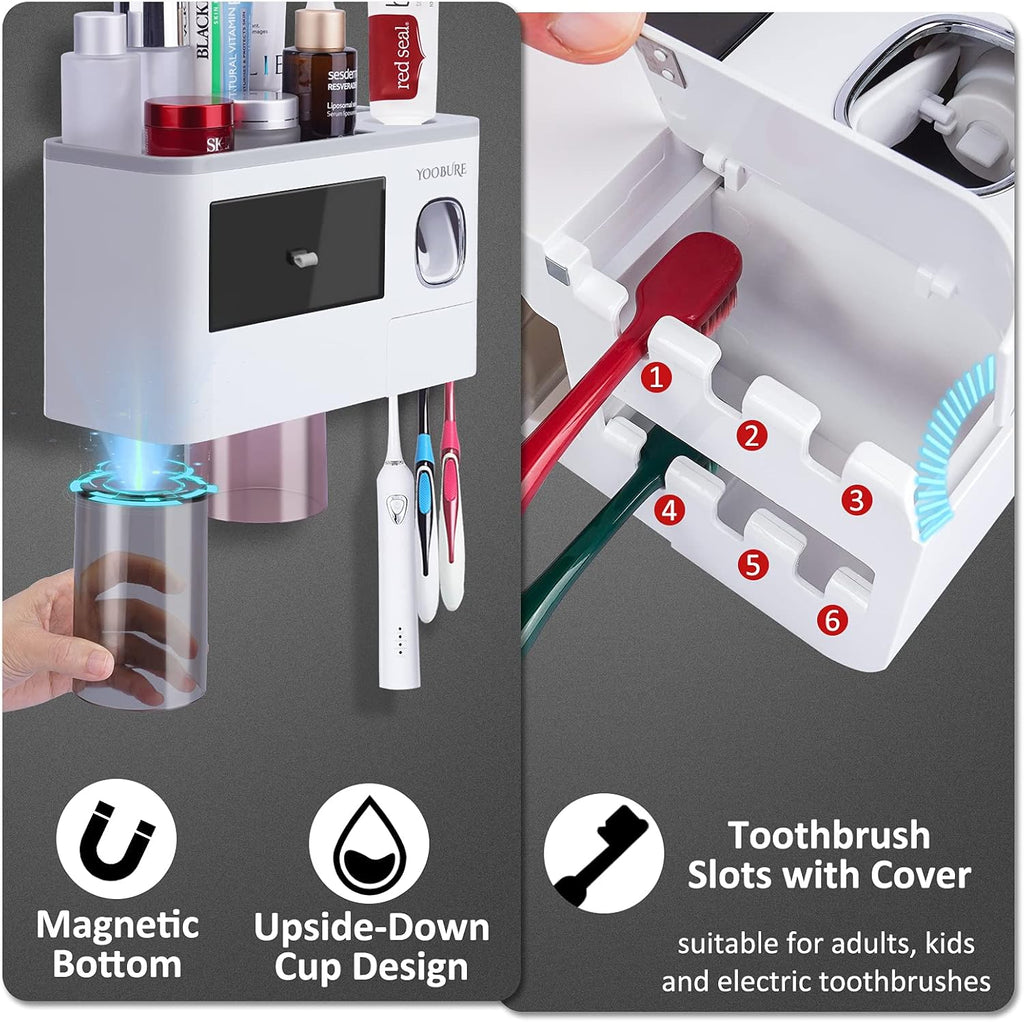 Toothbrush Holders Wall Mounted,  Automatic Toothpaste Dispenser Set for Bathrooms, Multifunctional Bathroom Organizer Holder with Cosmetic Drawer, 2 Magnetic Cups and 6 Toothbrush Slots
