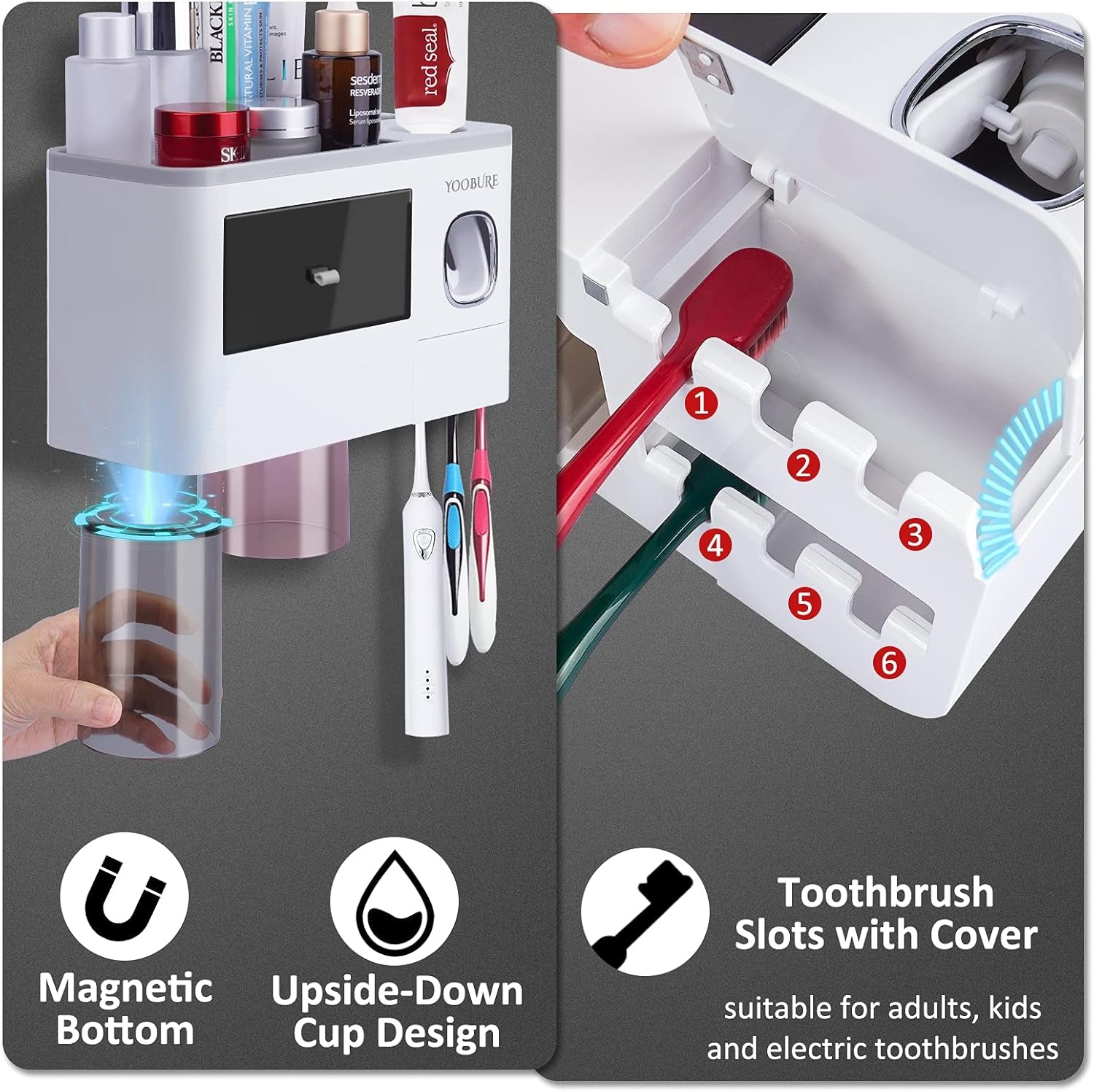 Toothbrush Holders Wall Mounted,  Automatic Toothpaste Dispenser Set for Bathrooms, Multifunctional Bathroom Organizer Holder with Cosmetic Drawer, 2 Magnetic Cups and 6 Toothbrush Slots