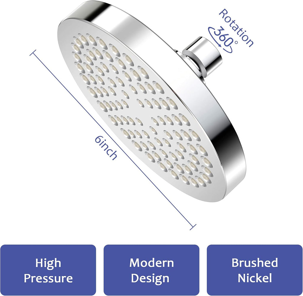 High Pressure Shower Head, 6Inch High Flow Rain Shower Head, Anti-Clogging Silicone Nozzles, High Flow Rainfall Shower Head
