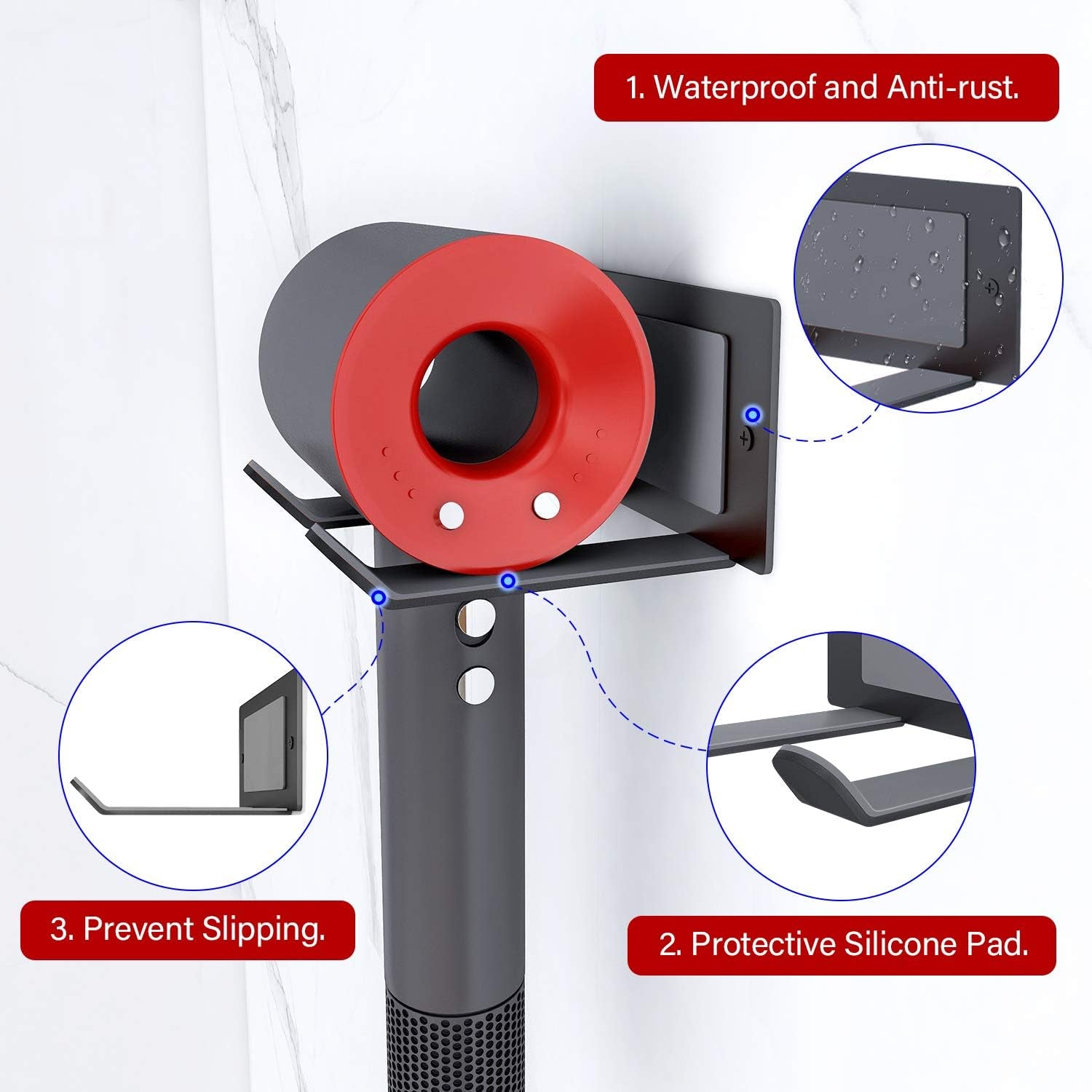 Hair Dryer Holder, Blow Dryer Holder Wall Mounted Fit for Most Hair Dryers