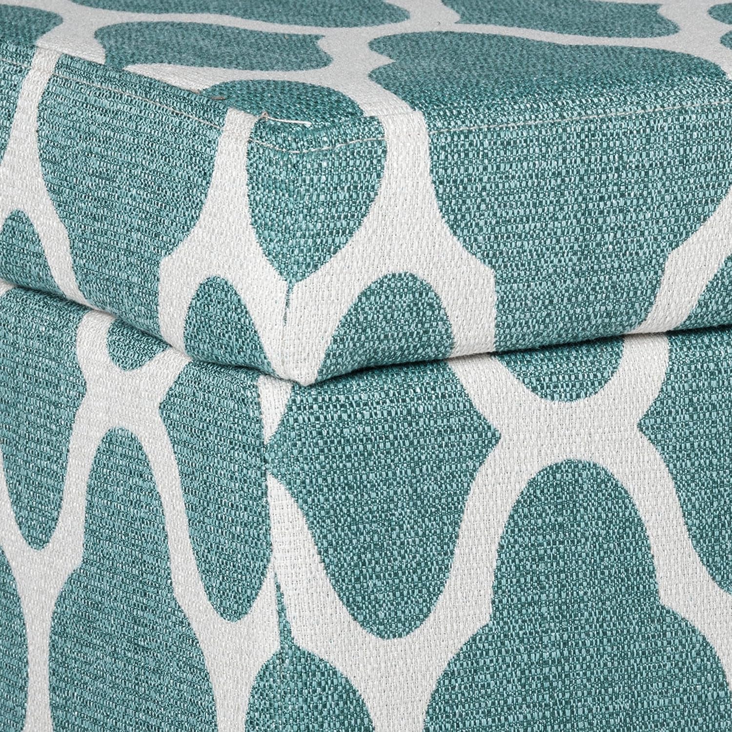 Large Upholstered Rectangular Storage Ottoman Bench with Hinged Lid, Teal Blue Geometric