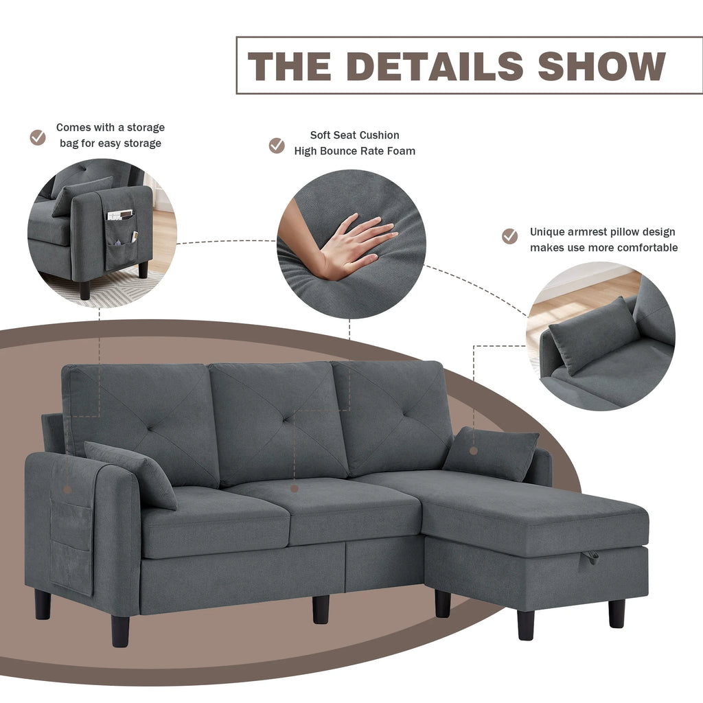 Convertible Sectional Sofa L Shaped Sofa Modern Fabric 3 Seat Couch with Reversible Storage Ottoman and Side Storage Pocket for Living Room Office Apartment Studio