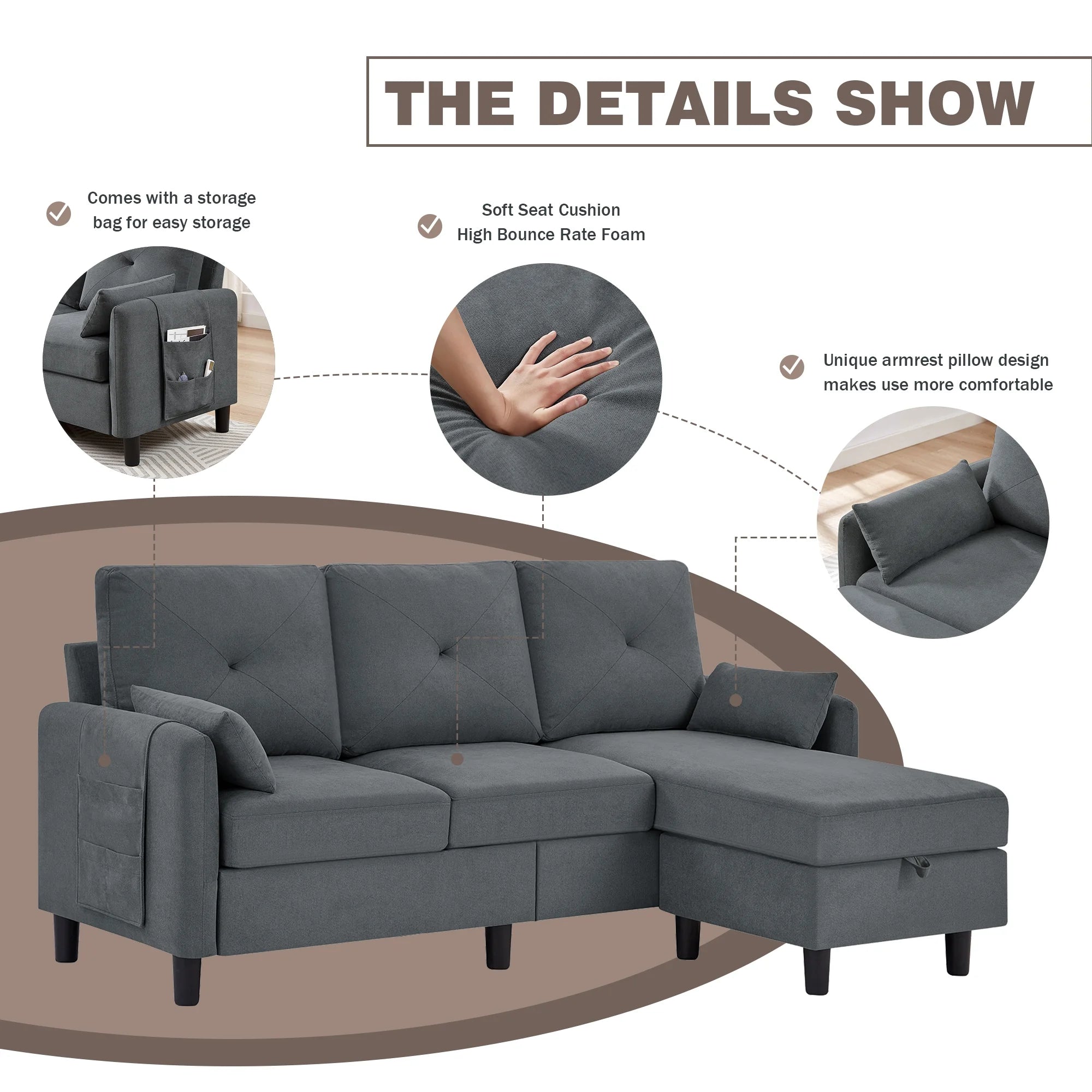 Convertible Sectional Sofa L Shaped Sofa Modern Fabric 3 Seat Couch with Reversible Storage Ottoman and Side Storage Pocket for Living Room Office Apartment Studio
