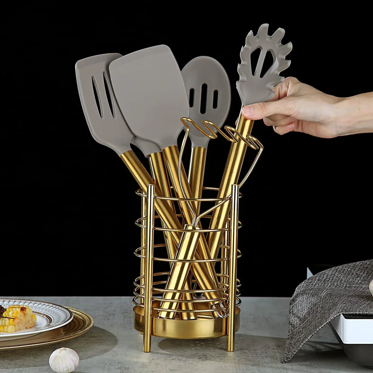 Gold 38 Pieces Silicone Kitchen Utensils Set with Sturdy Stainless Steel Utensil Holder