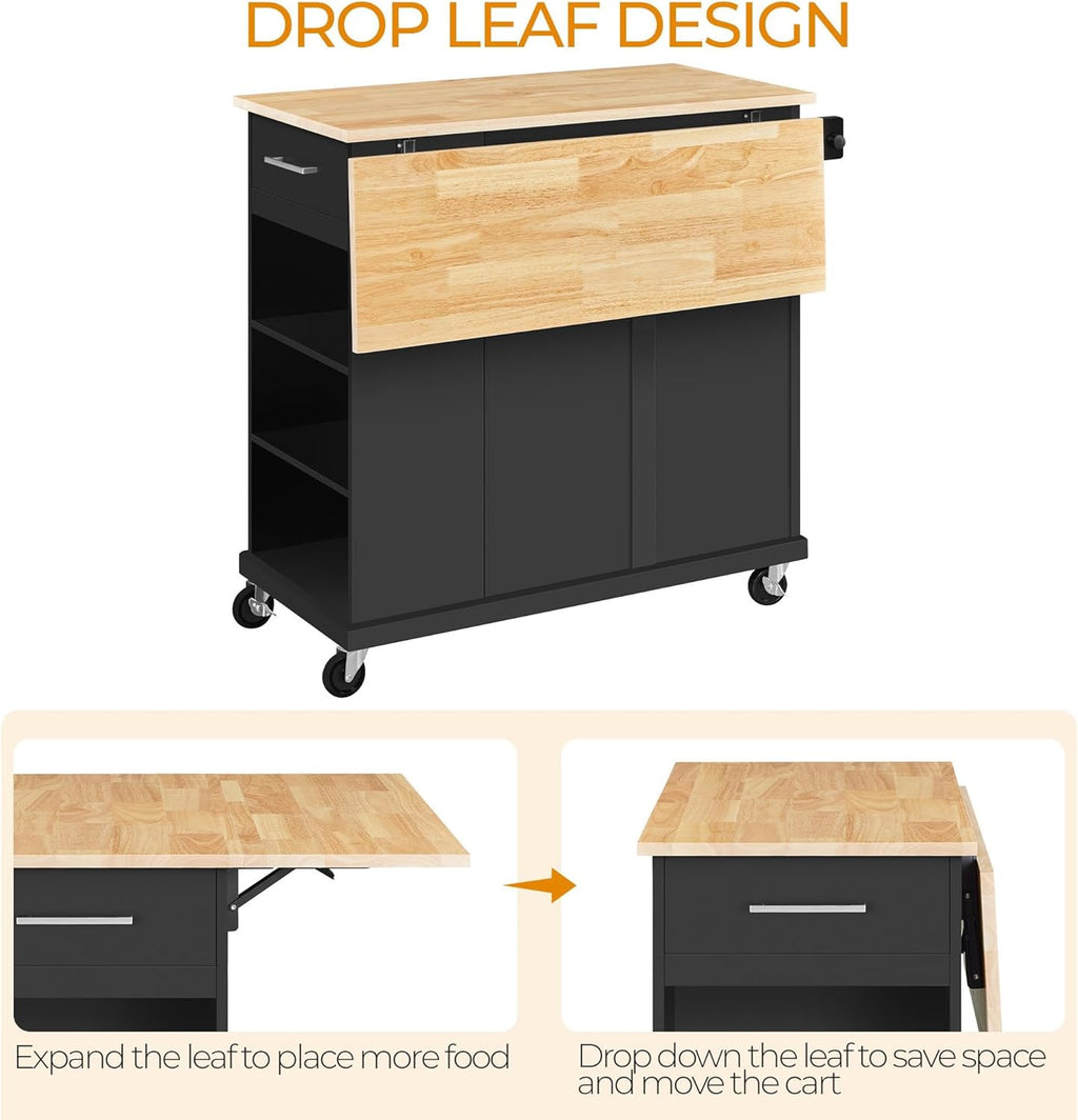 Rolling Kitchen Island Cart with Drop Leaf, Portable Rubberwood Breakfast Bar with Storage Cabinet, Open Shelves & Detachable Towel, 2 Drawers, Black
