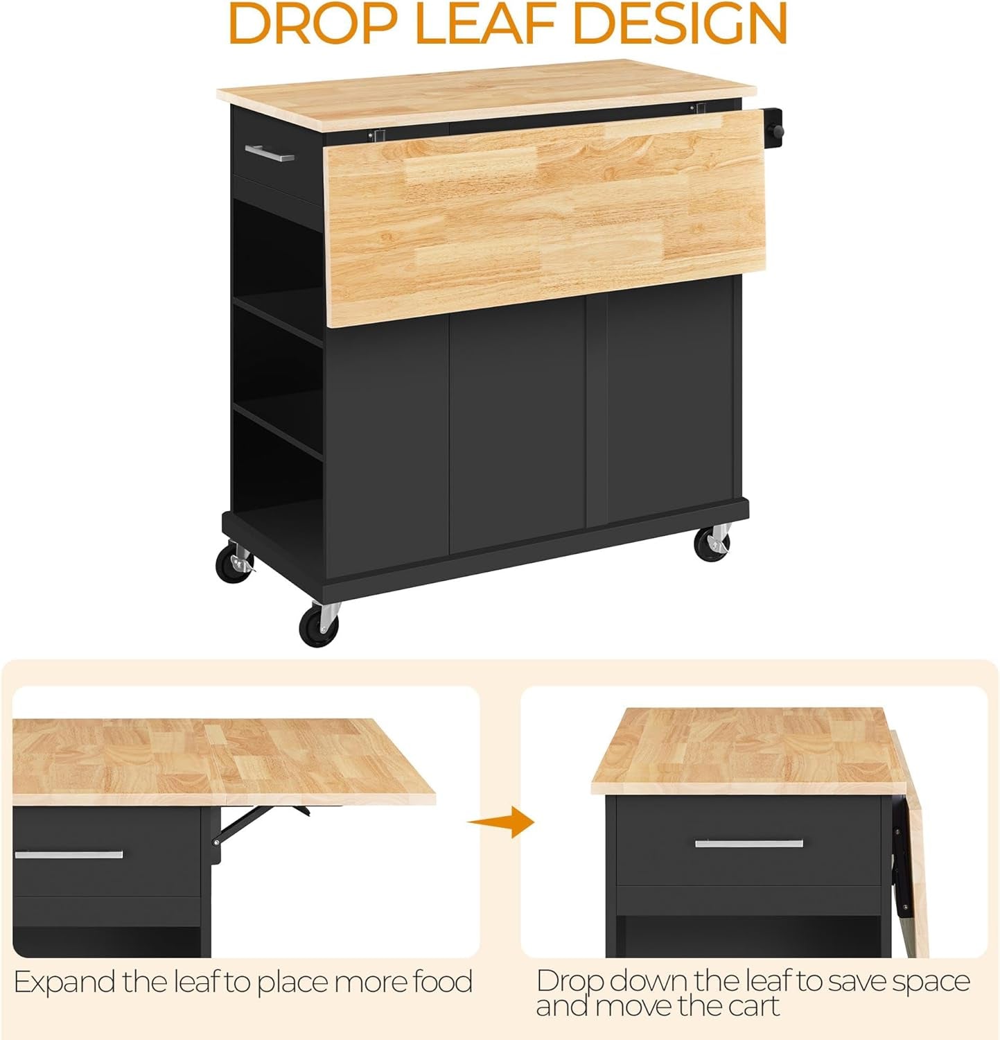 Rolling Kitchen Island Cart with Drop Leaf, Portable Rubberwood Breakfast Bar with Storage Cabinet, Open Shelves & Detachable Towel, 2 Drawers, Black