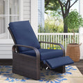 Wicker Outdoor Patio Adjustable Recliner Chair with Navy Blue Cushion
