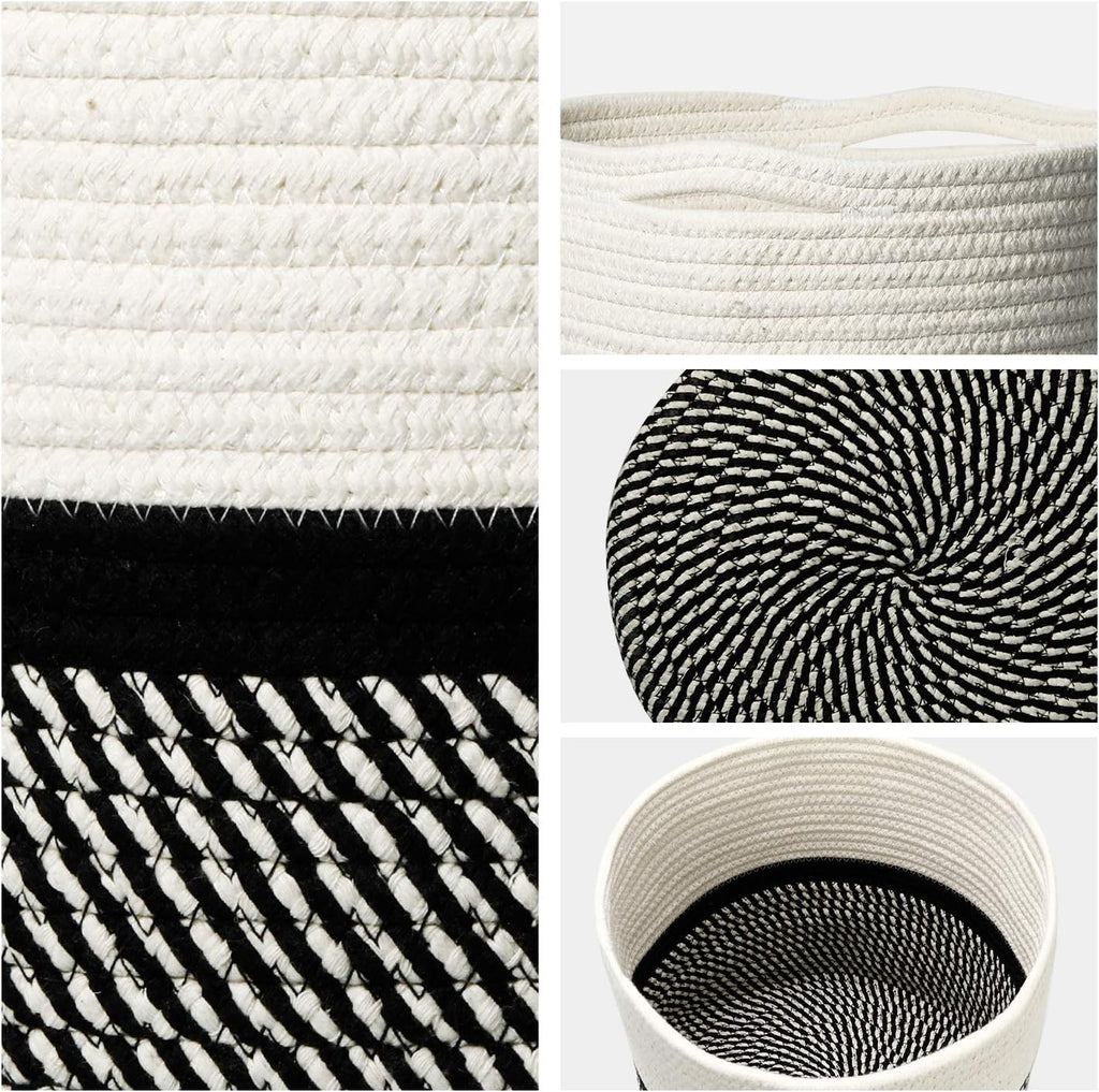12"X12" Storage Basket Bin Organizer, Sturdy Indoor Floor Planter with Handle, Woven Baskets for up to 11" Flower Pot Plant, Flower, White Black Stripes