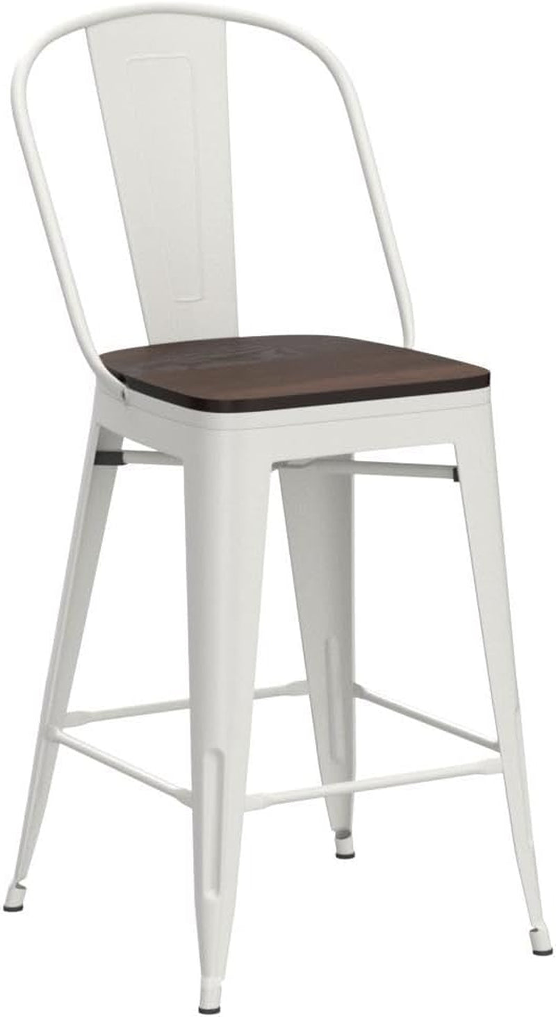 Metal Bar Stools Set of 4,24 Inch Barstools Counter Height Bar Stool with Back Farmhouse Bar Stools with Larger Seat High Back Kitchen Dining Chairs Modern Bar Chairs White Cream Stool