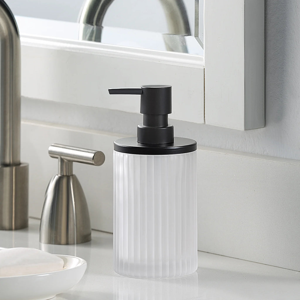 Ribbed Glass and Metal Soap Pump, White with Black Accents