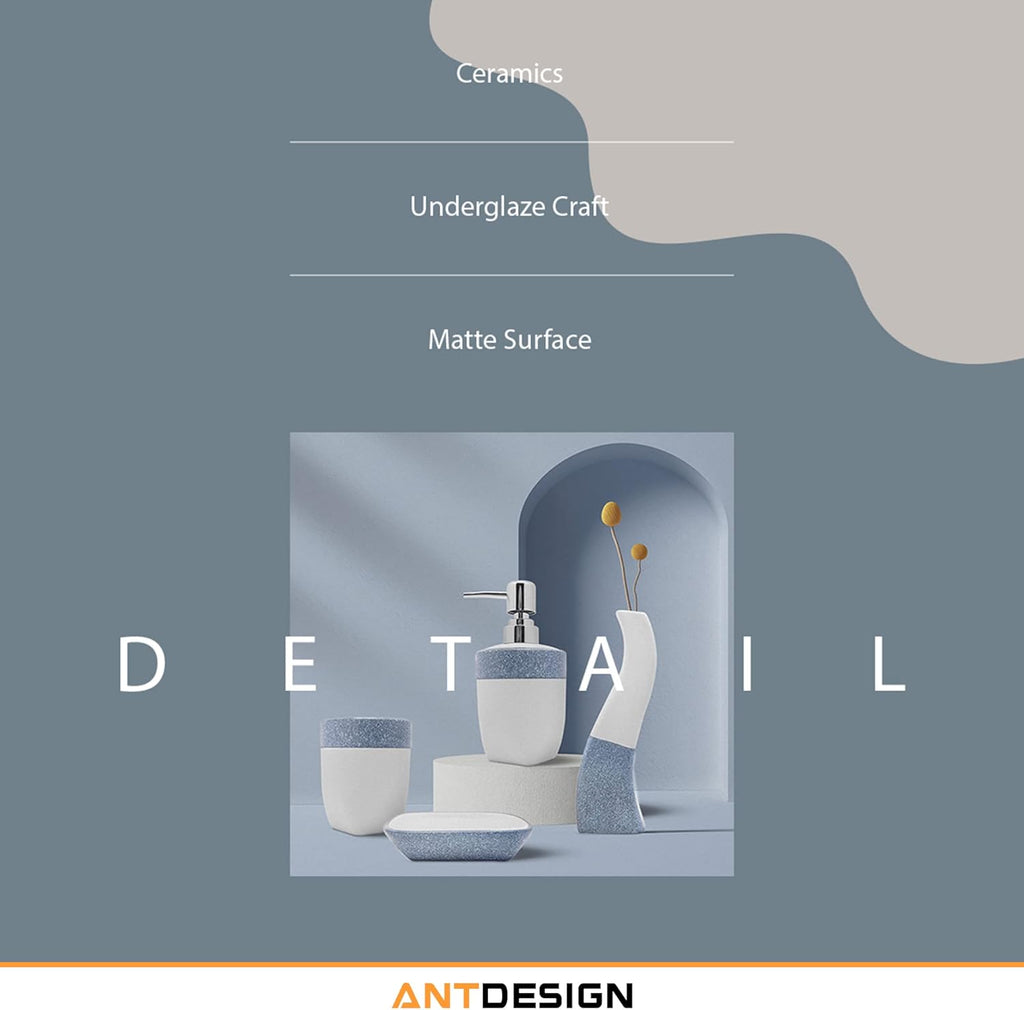 Ceramic Bathroom Accessory Set 5 Pcs, Including Hand Pump Soap Dispenser, Soap Dish, Toothbrush Holder and Vase,For Modern Bathroom Décor